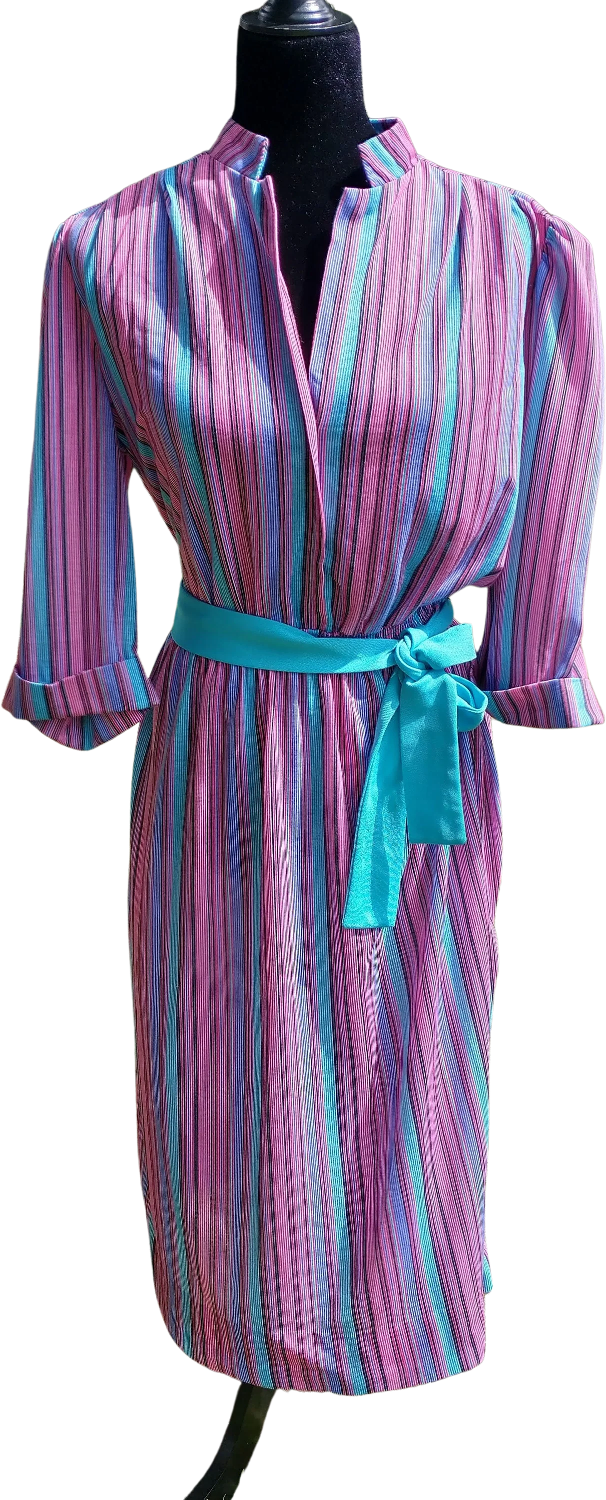 70s Vintage Day Dress House Dress Verticle Stripes T-Shirt Material Puff Sleeves Belted Pink and Blue Women's Small by Lehigh