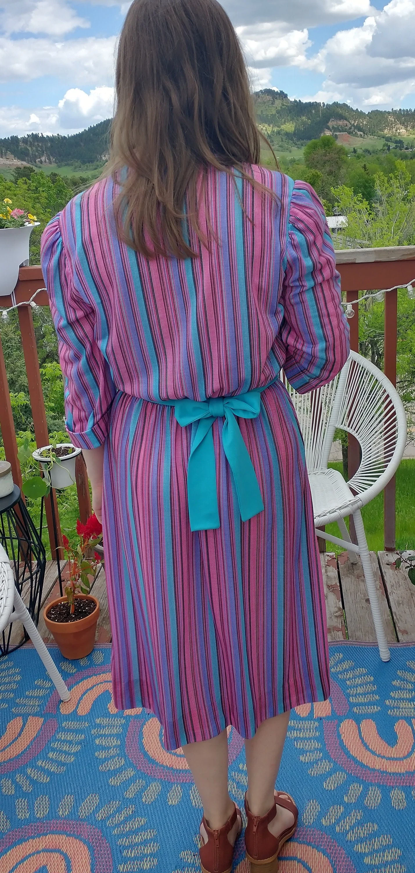 70s Vintage Day Dress House Dress Verticle Stripes T-Shirt Material Puff Sleeves Belted Pink and Blue Women's Small by Lehigh - Image 2
