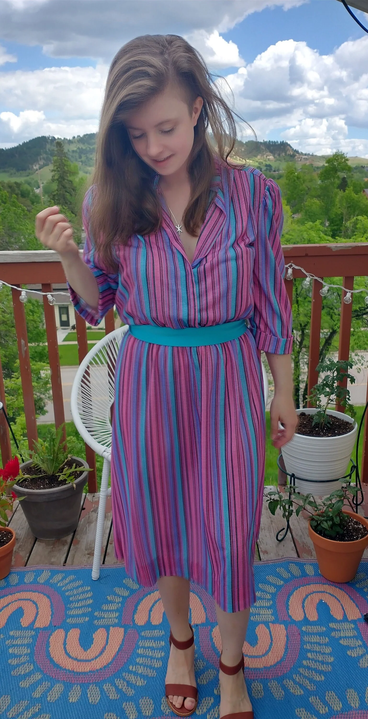 70s Vintage Day Dress House Dress Verticle Stripes T-Shirt Material Puff Sleeves Belted Pink and Blue Women's Small by Lehigh - Image 4