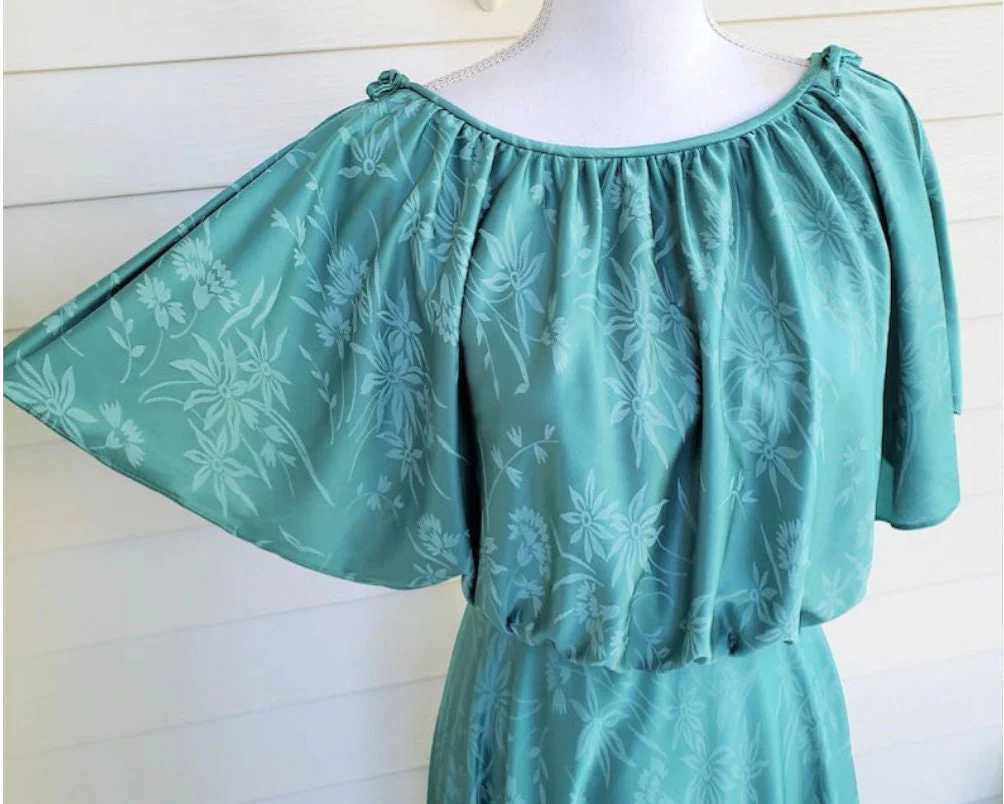 70s Vintage Grecian Draped Floral Print Green Maxi Dress - Image 4