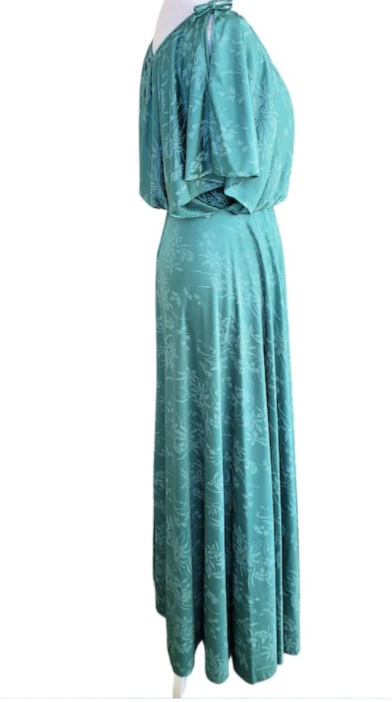 70s Vintage Grecian Draped Floral Print Green Maxi Dress - Image 7