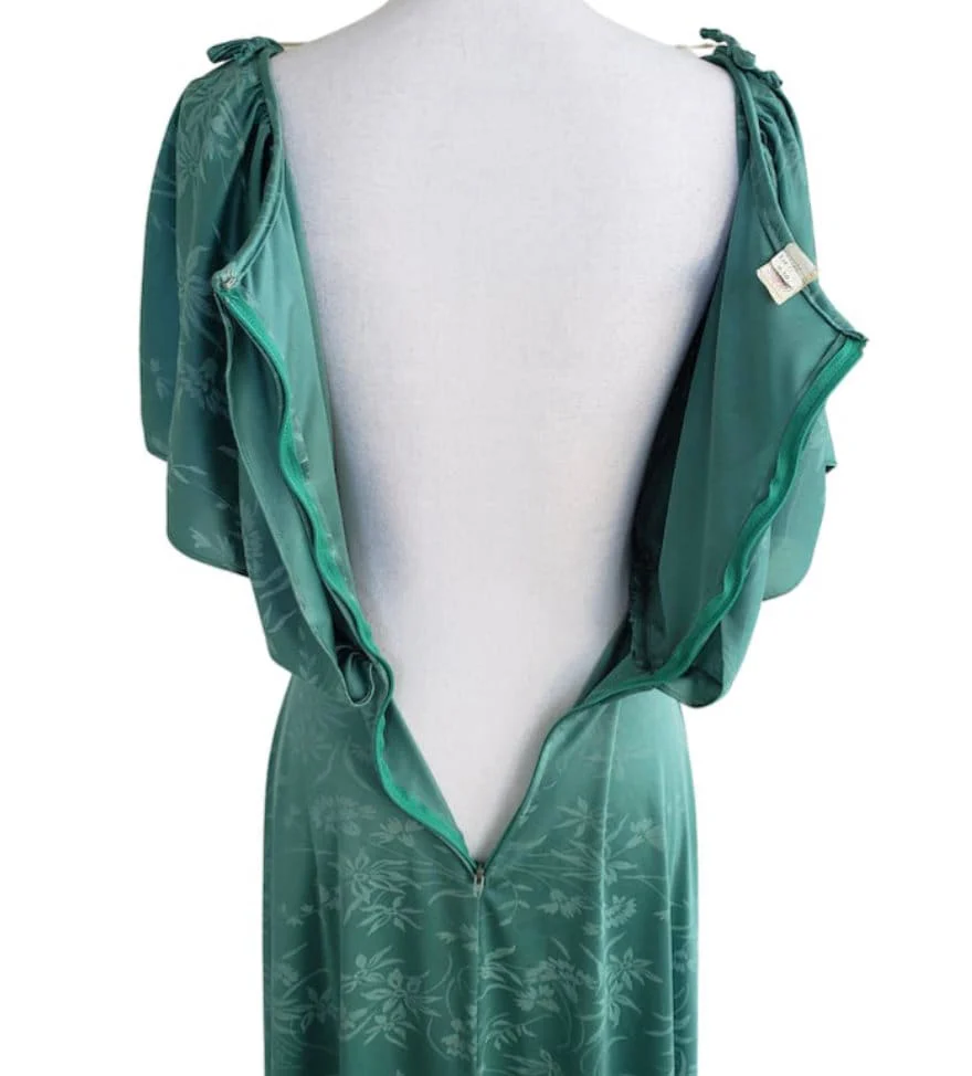 70s Vintage Grecian Draped Floral Print Green Maxi Dress - Image 8