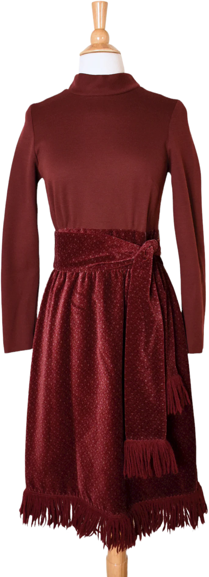 70s Vintage Mulberry Velvet Fringe Wool Winter Dress By Kiva