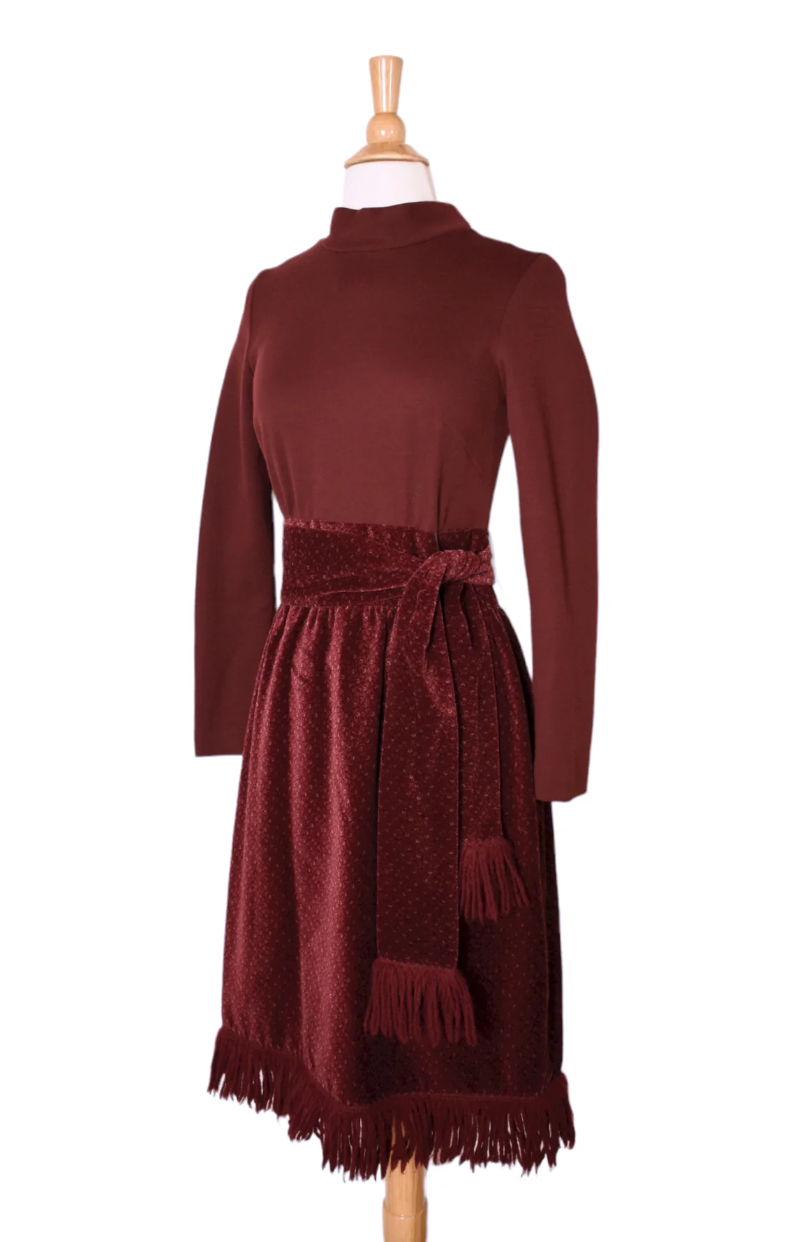 70s Vintage Mulberry Velvet Fringe Wool Winter Dress By Kiva - Image 6