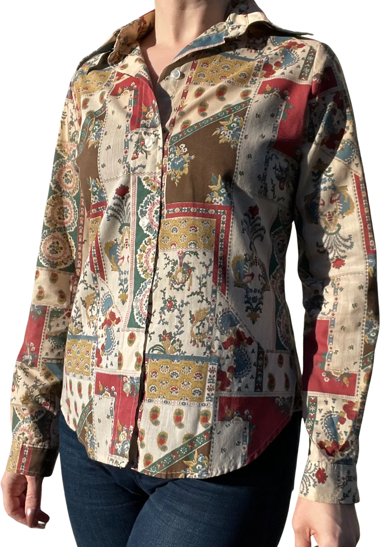 70s Vintage Patchwork Print Button Down Collared Shirt By Levi's