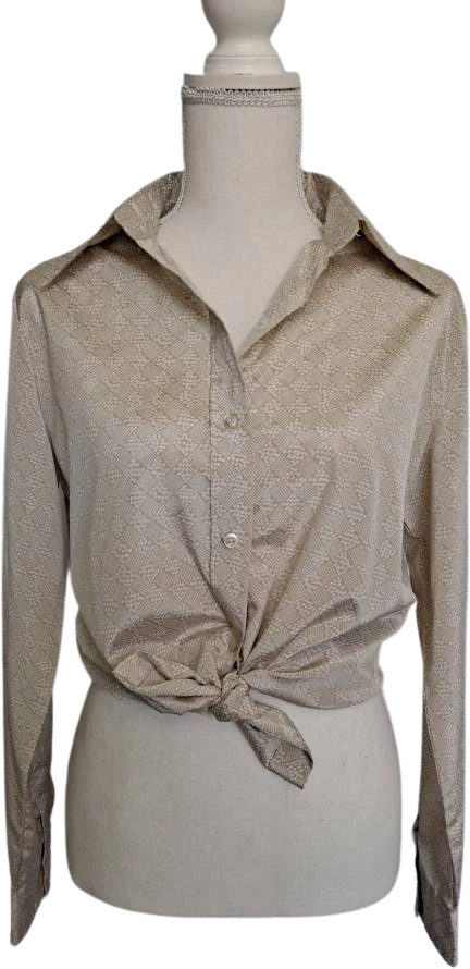 70s Vintage Beige And White Check Blouse By Lady Manhattan