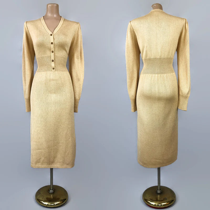 70s Vintage Sexy Golden Tan Knit Dress By Hanbury Ltd - Image 3
