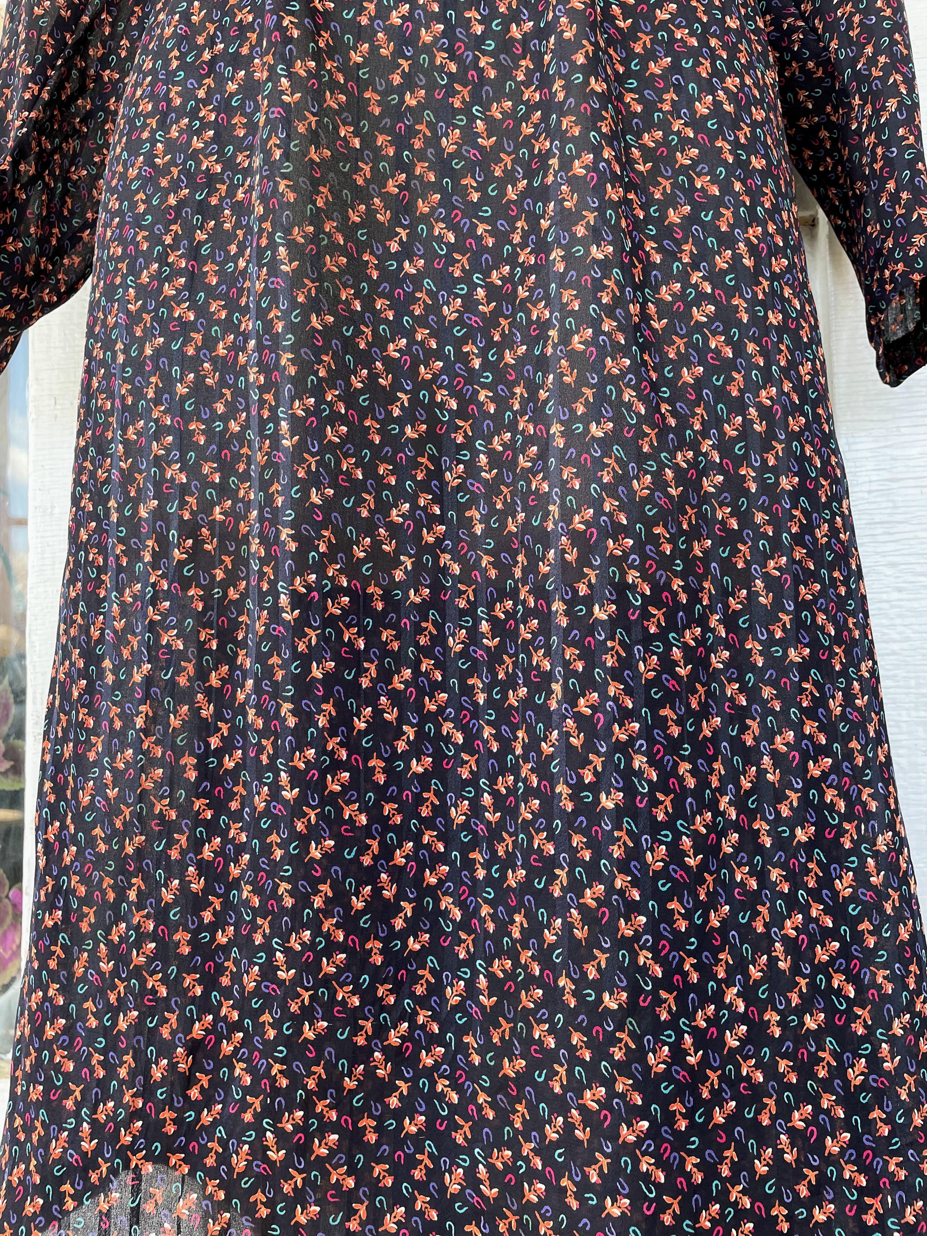 70s Vintage Small Navy Floral Print Sheer Dress - Image 3