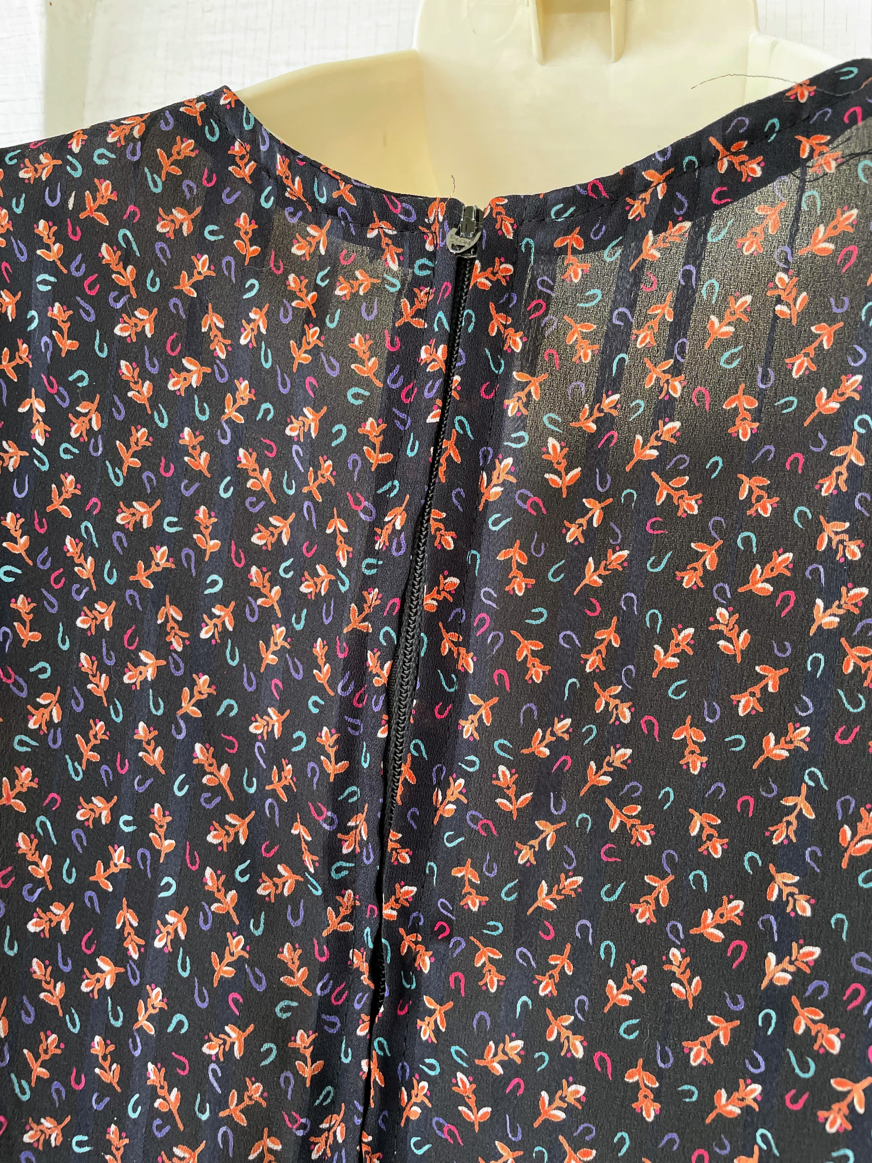 70s Vintage Small Navy Floral Print Sheer Dress - Image 5