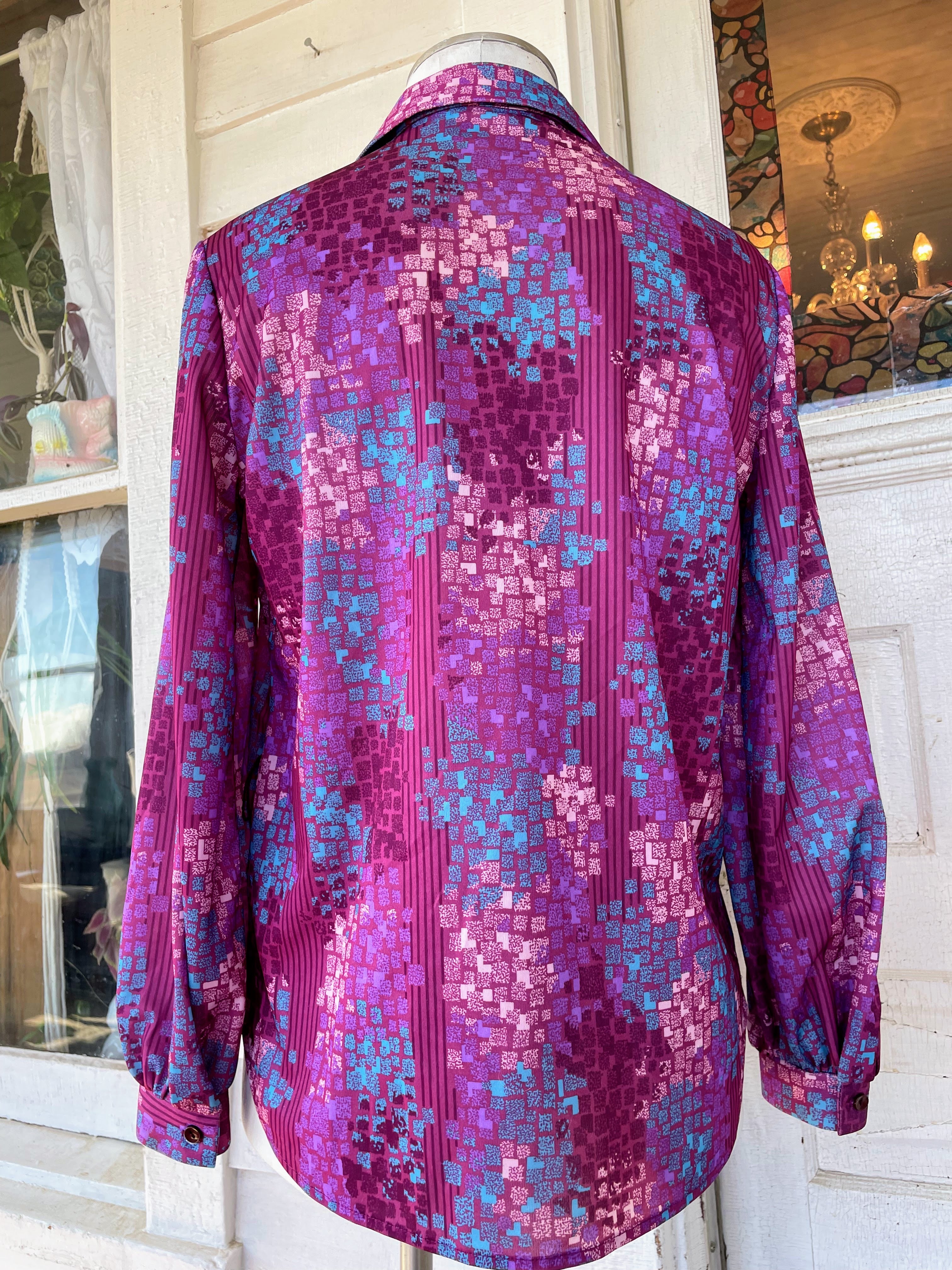 70s Vintage Womens Blouse Pink Purple Abstract Print By Alamode of California - Image 10
