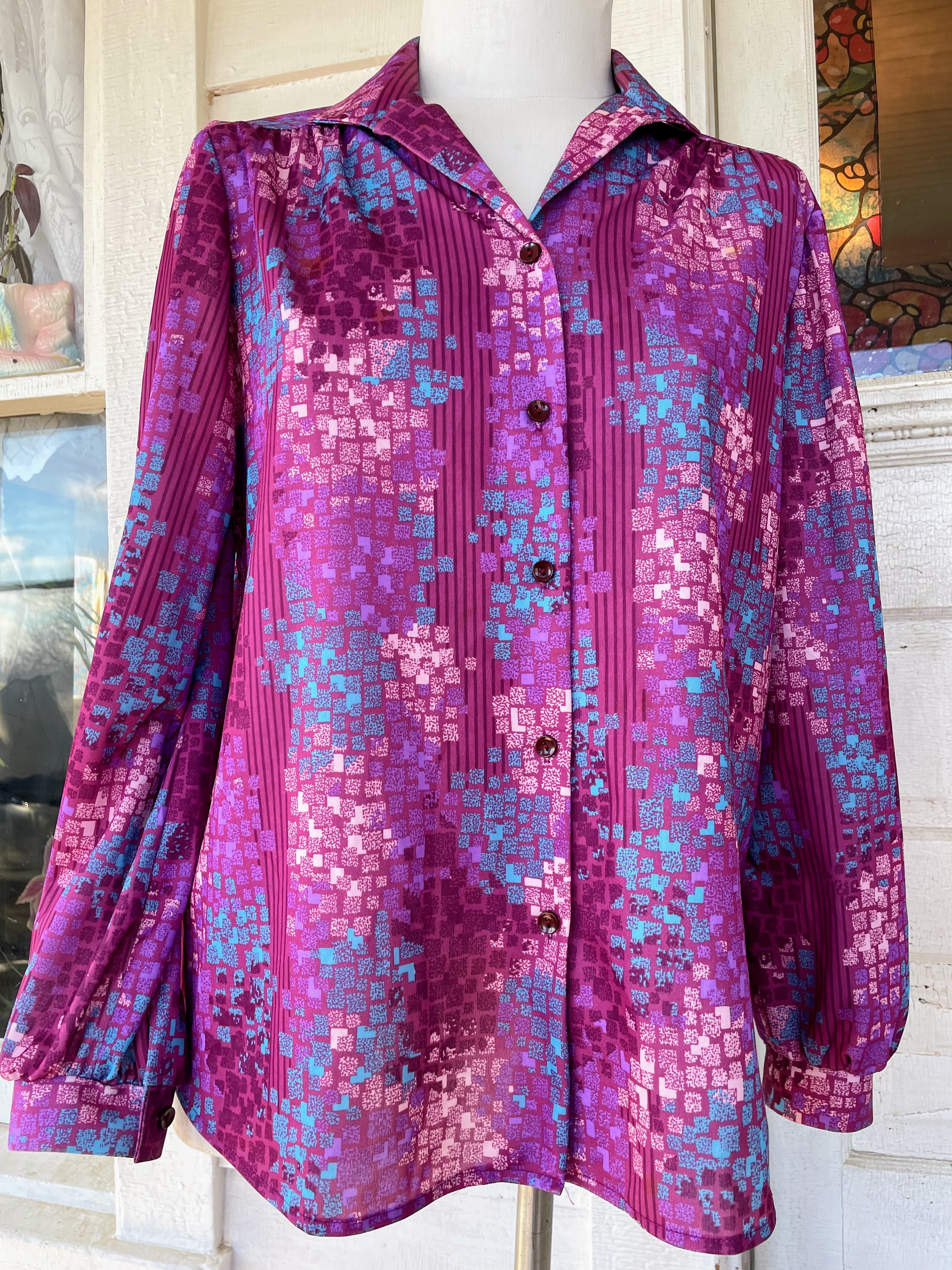 70s Vintage Womens Blouse Pink Purple Abstract Print By Alamode of California - Image 11