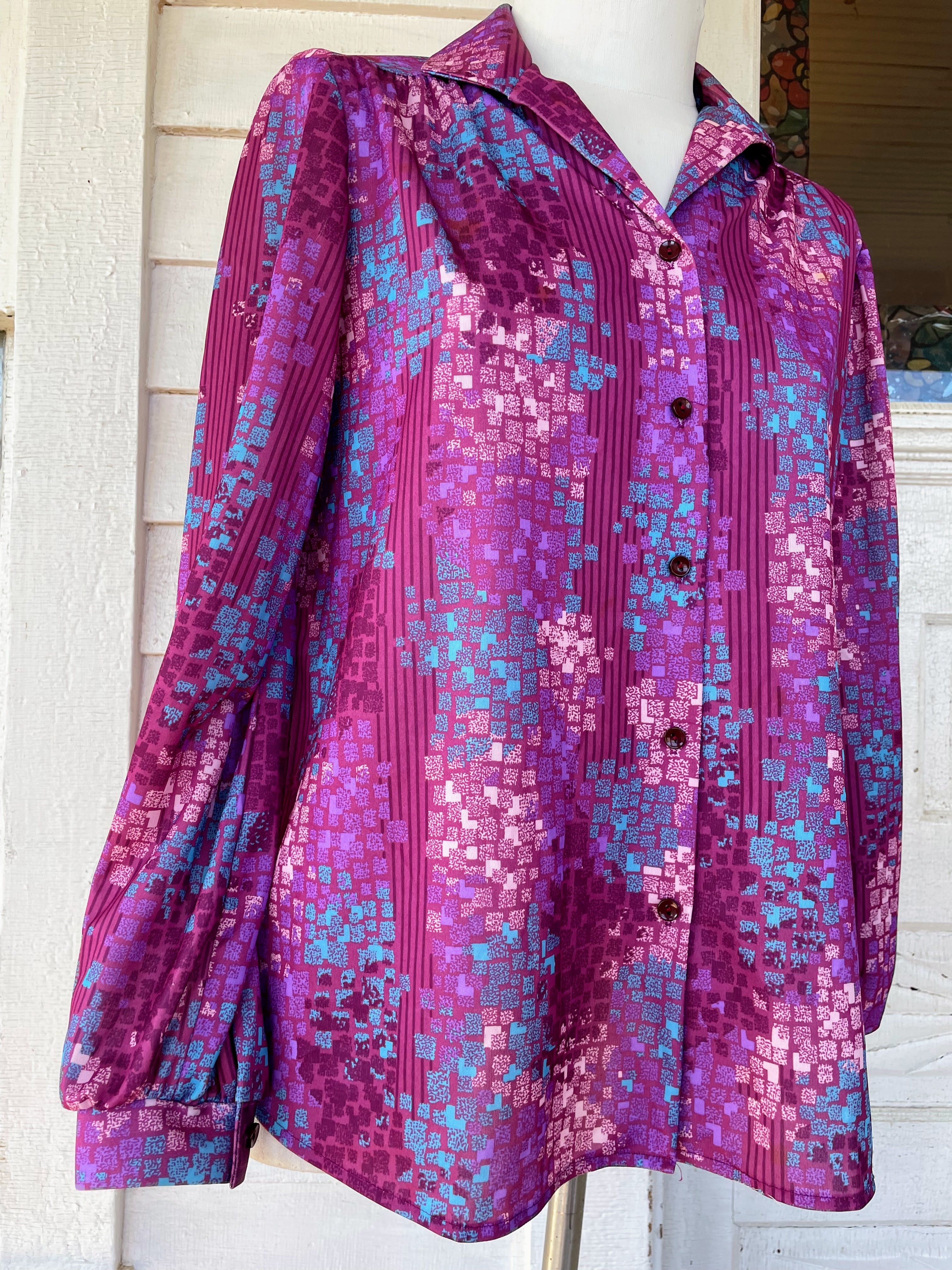 70s Vintage Womens Blouse Pink Purple Abstract Print By Alamode of California - Image 12