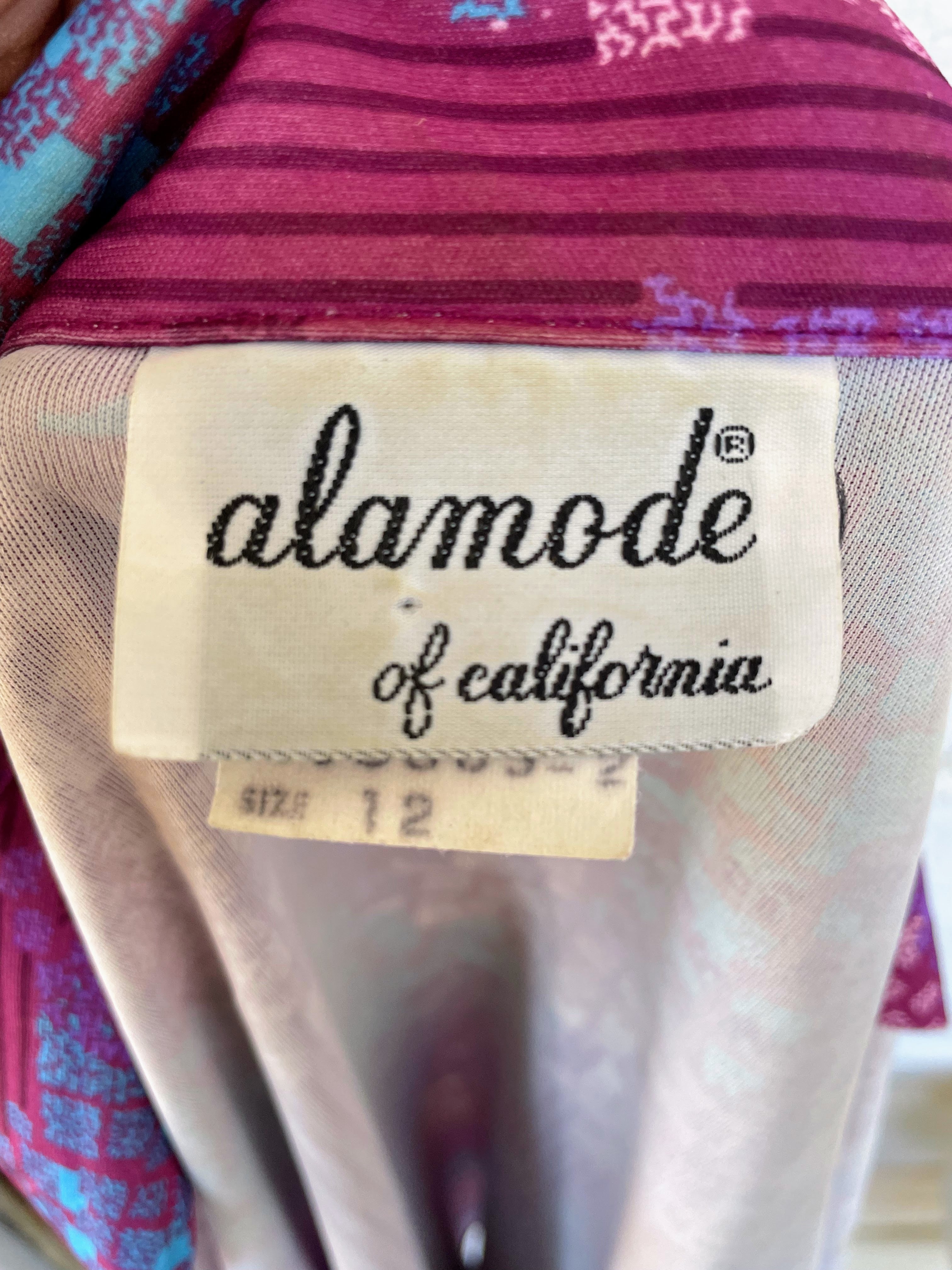 70s Vintage Womens Blouse Pink Purple Abstract Print By Alamode of California - Image 15