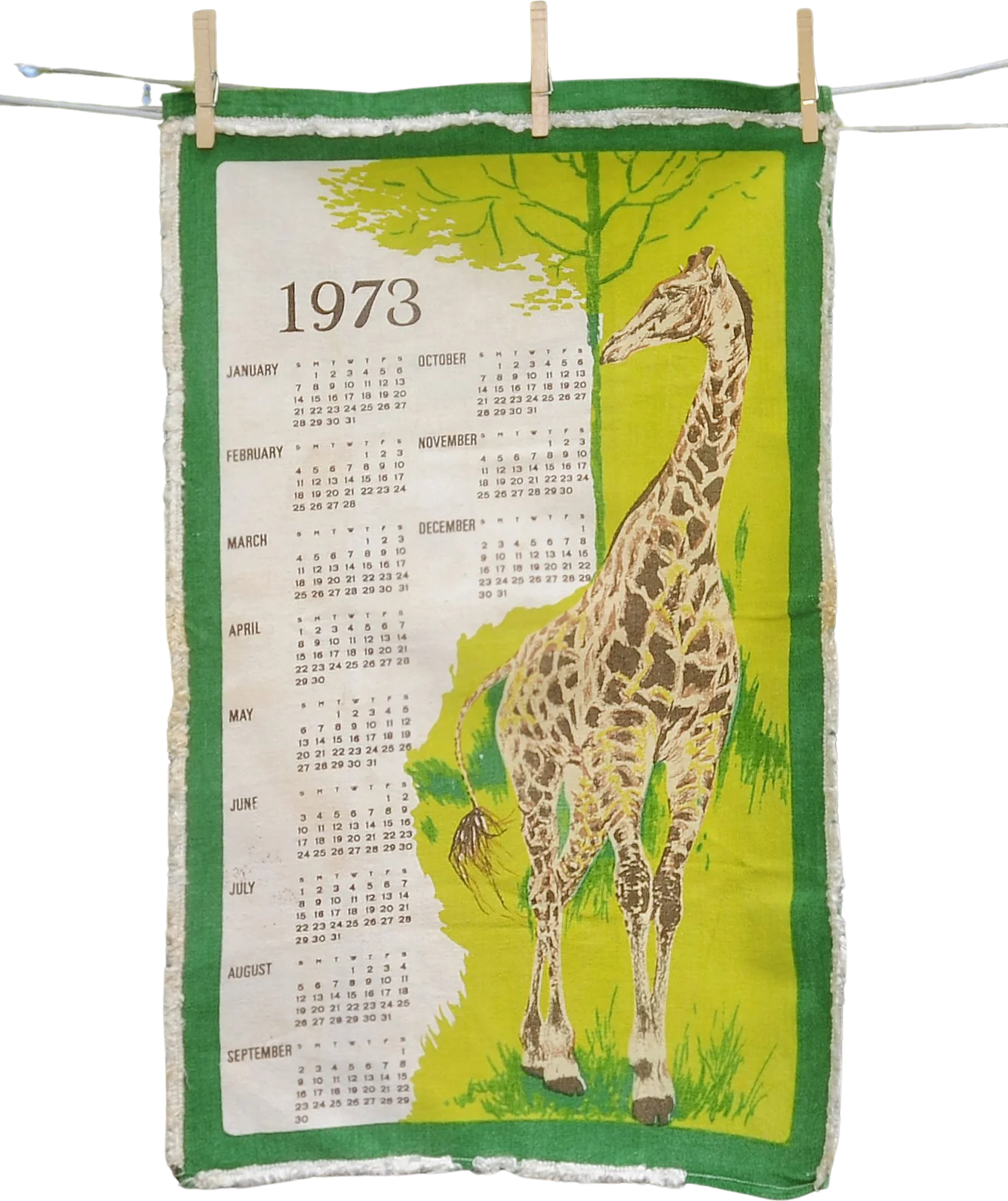 70s Vtg 1973 Tall Giraffe By Tree Linen Calendar Towel