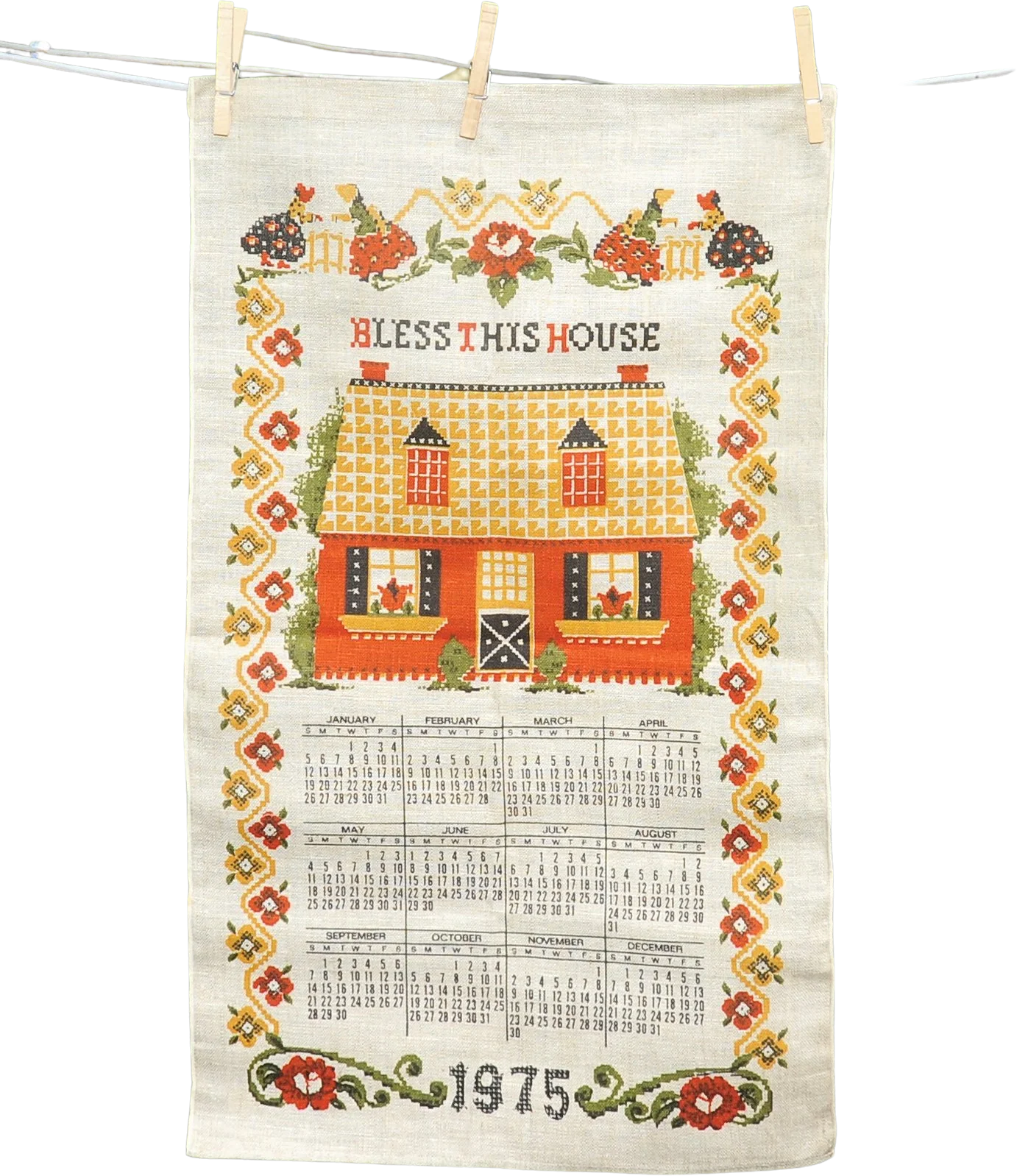 70s Vtg 1975 Bless This House Fauxcrossstitch Calendar