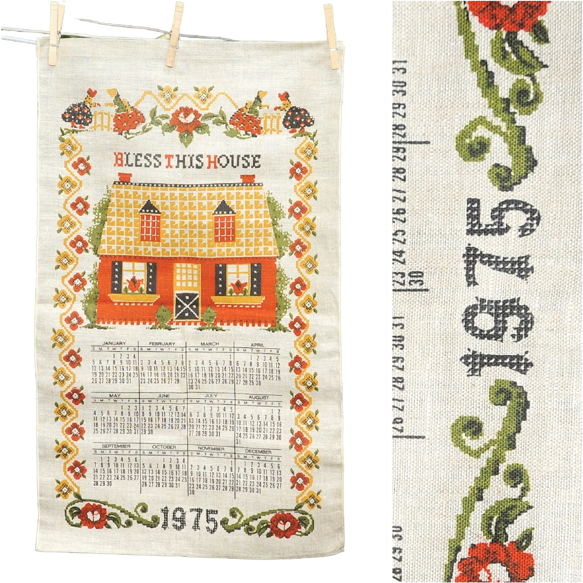 70s Vtg 1975 Bless This House Fauxcrossstitch Calendar - Image 2