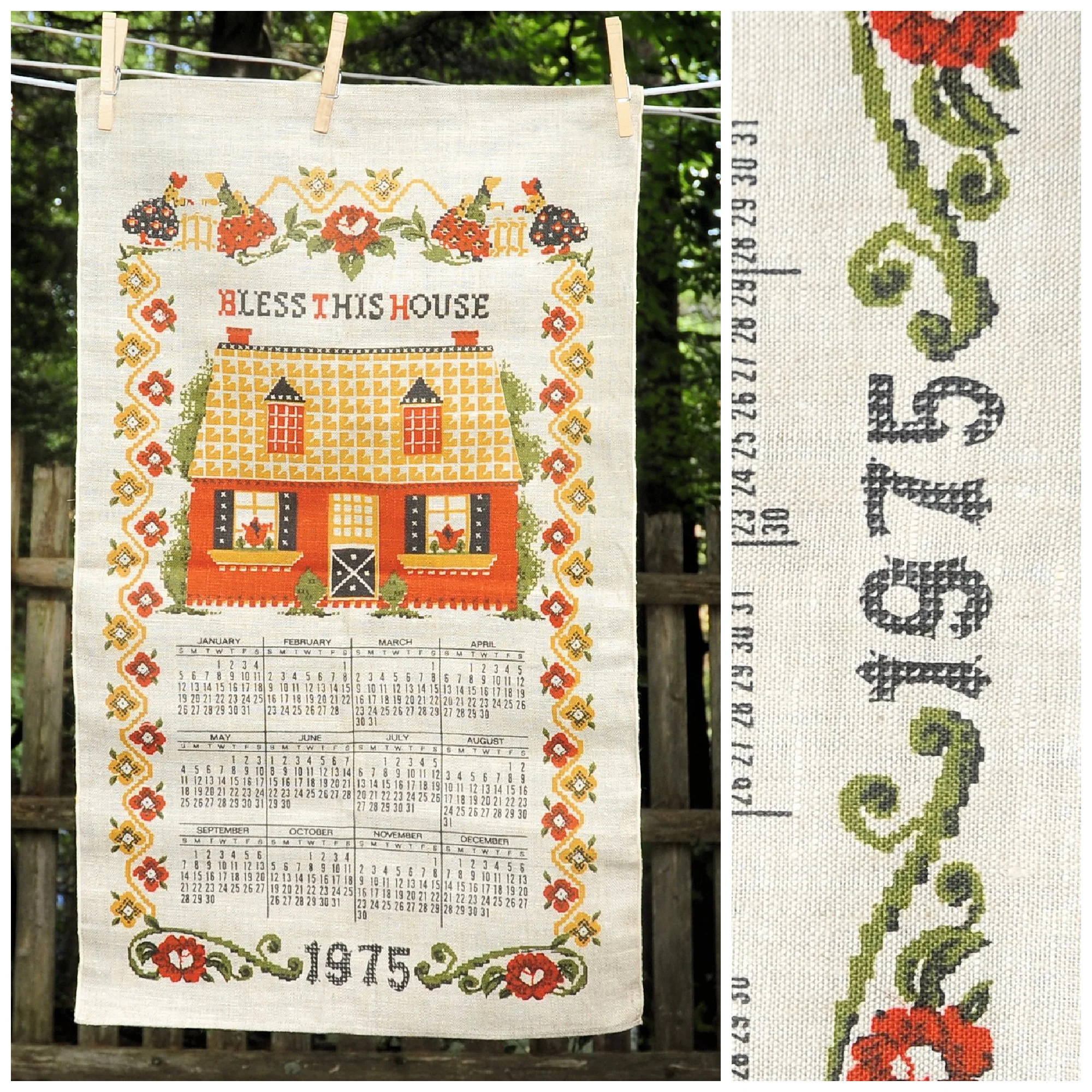 70s Vtg 1975 Bless This House Fauxcrossstitch Calendar - Image 4