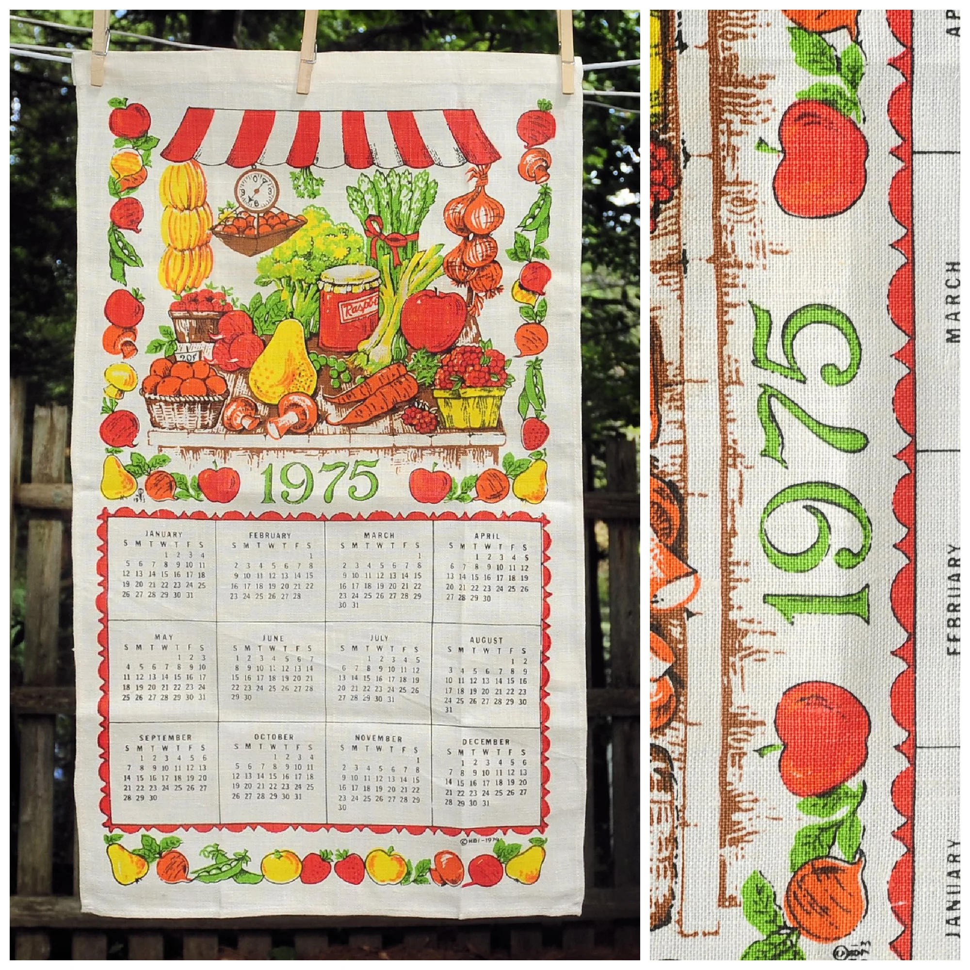 70s Vtg 1975 Summer Fruits Veggies Calendar Tea Towel - Image 3