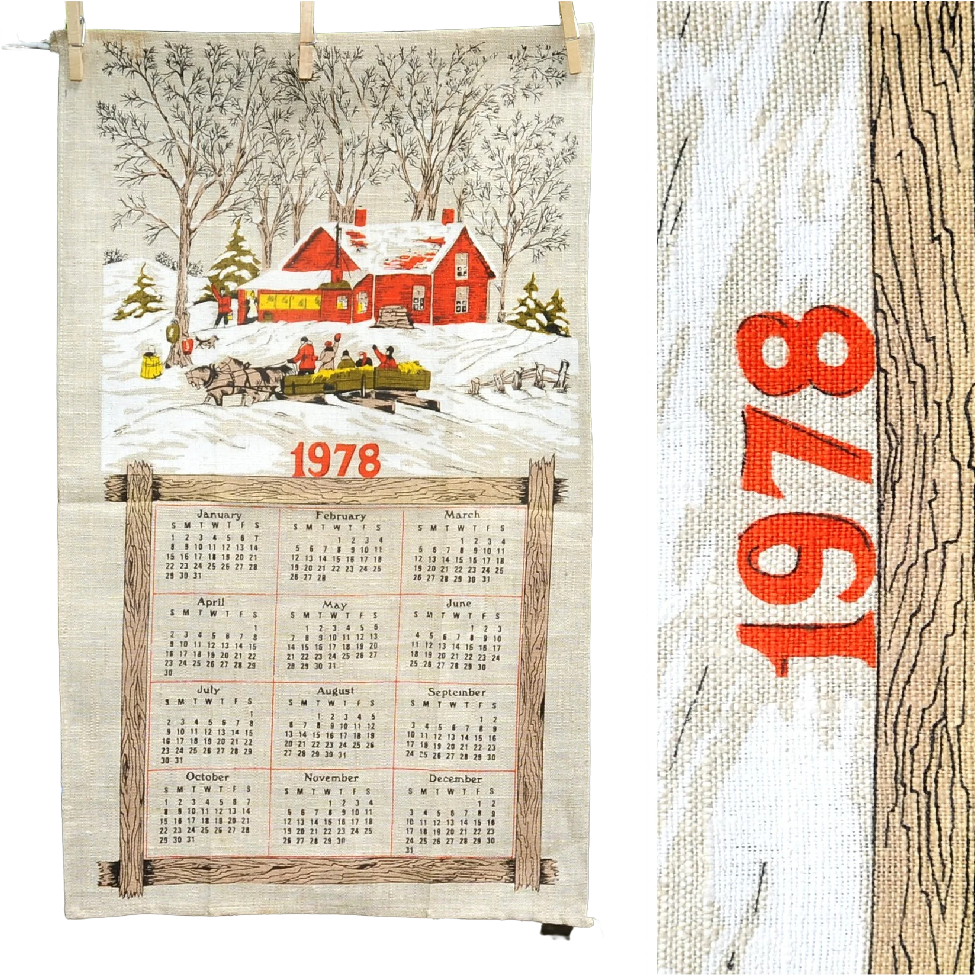 70s Vtg 1978 Red Cottage In Winter Calendar Tea Towel - Image 2