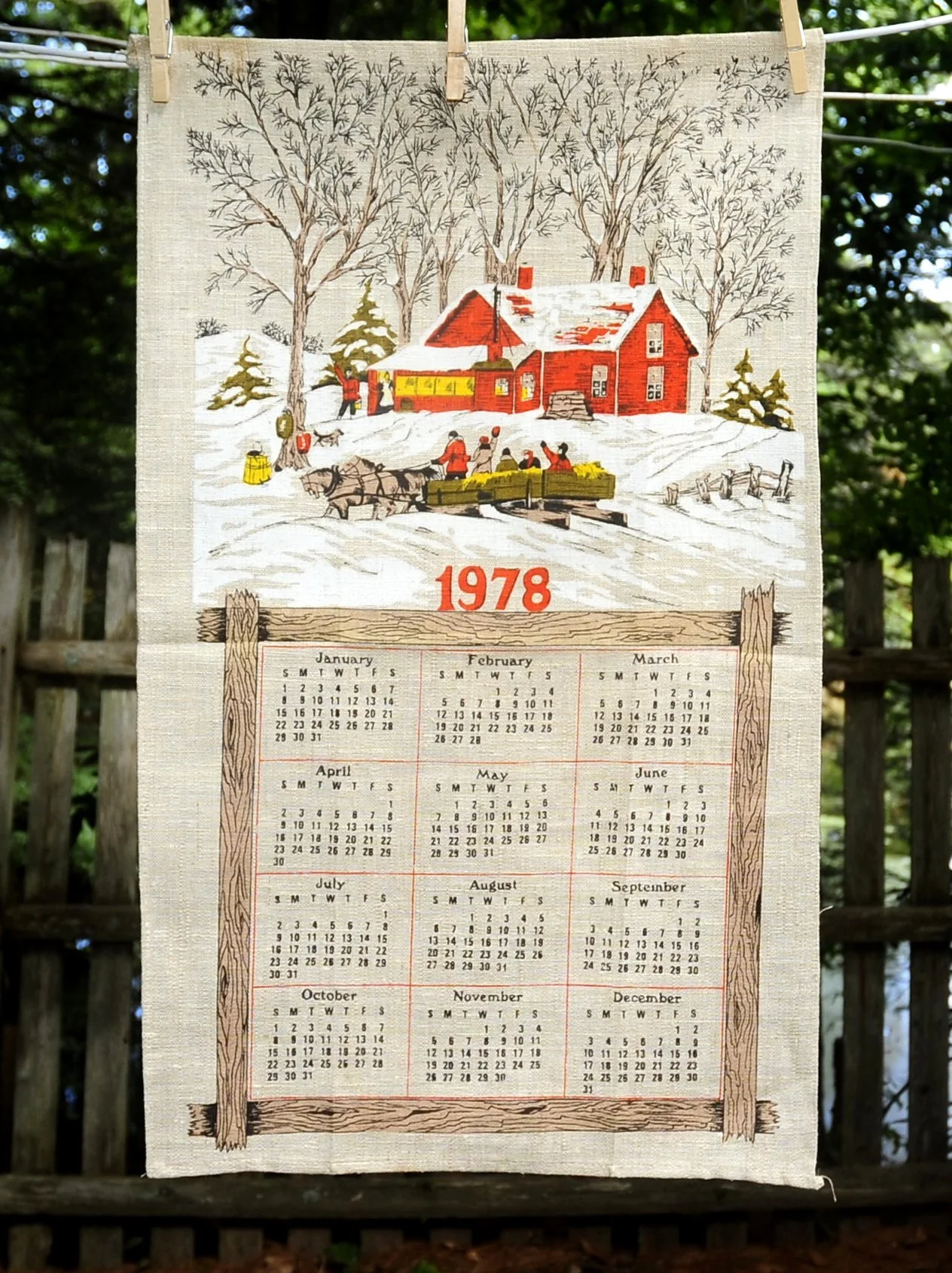 70s Vtg 1978 Red Cottage In Winter Calendar Tea Towel - Image 8
