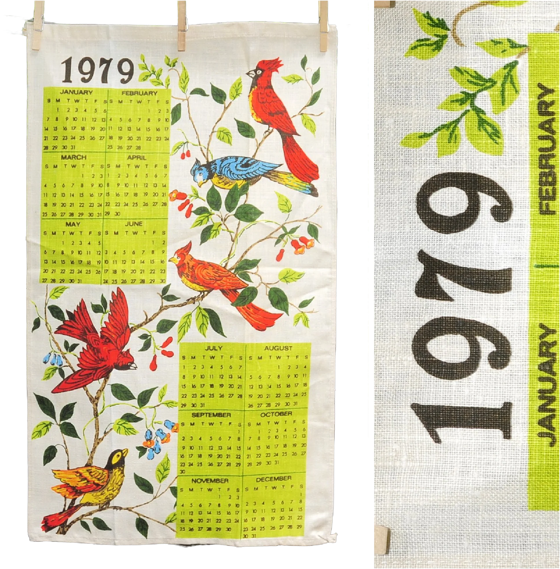 70s Vtg 1979 Garden Birds In Tree Linen Calendar Towel - Image 2