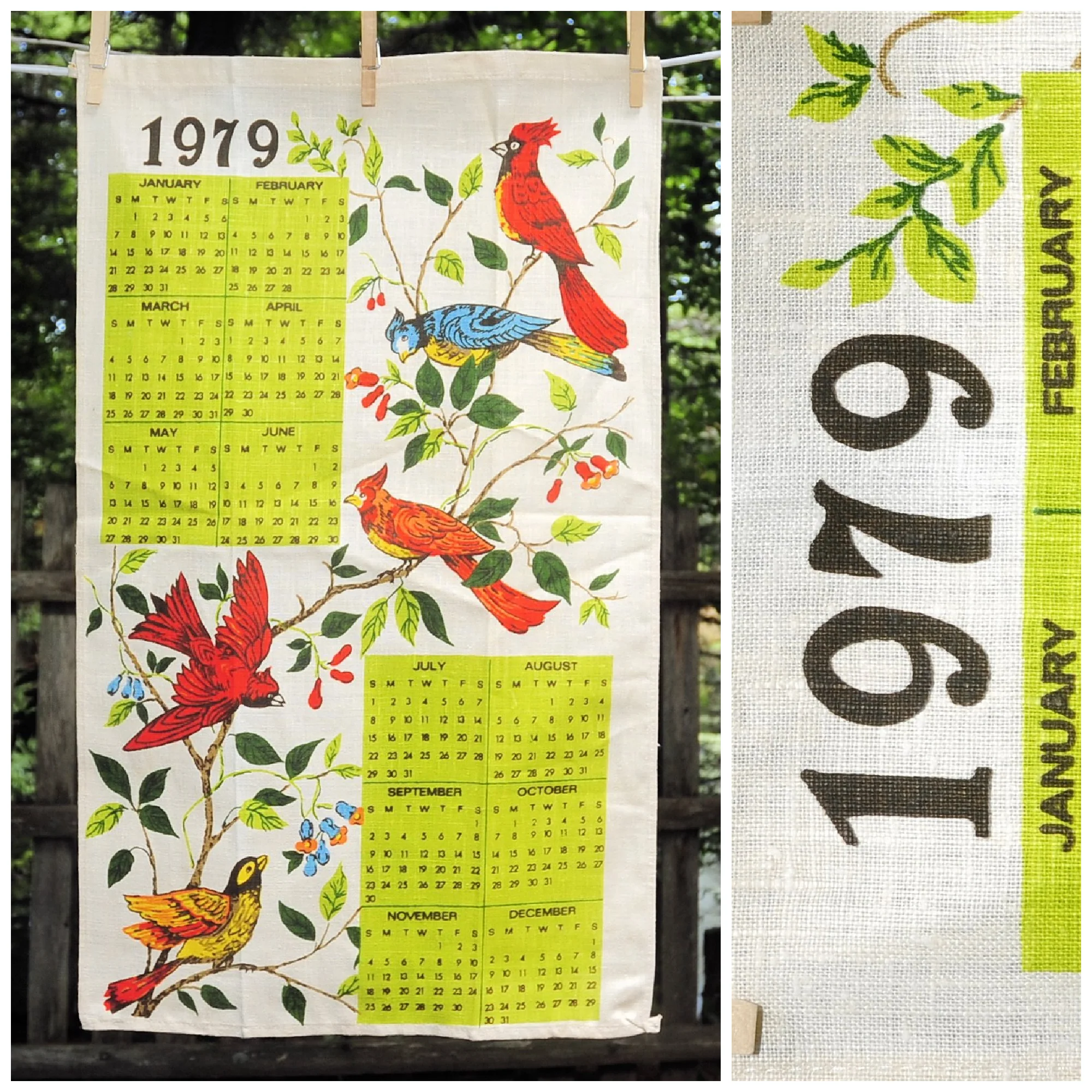 70s Vtg 1979 Garden Birds In Tree Linen Calendar Towel - Image 3