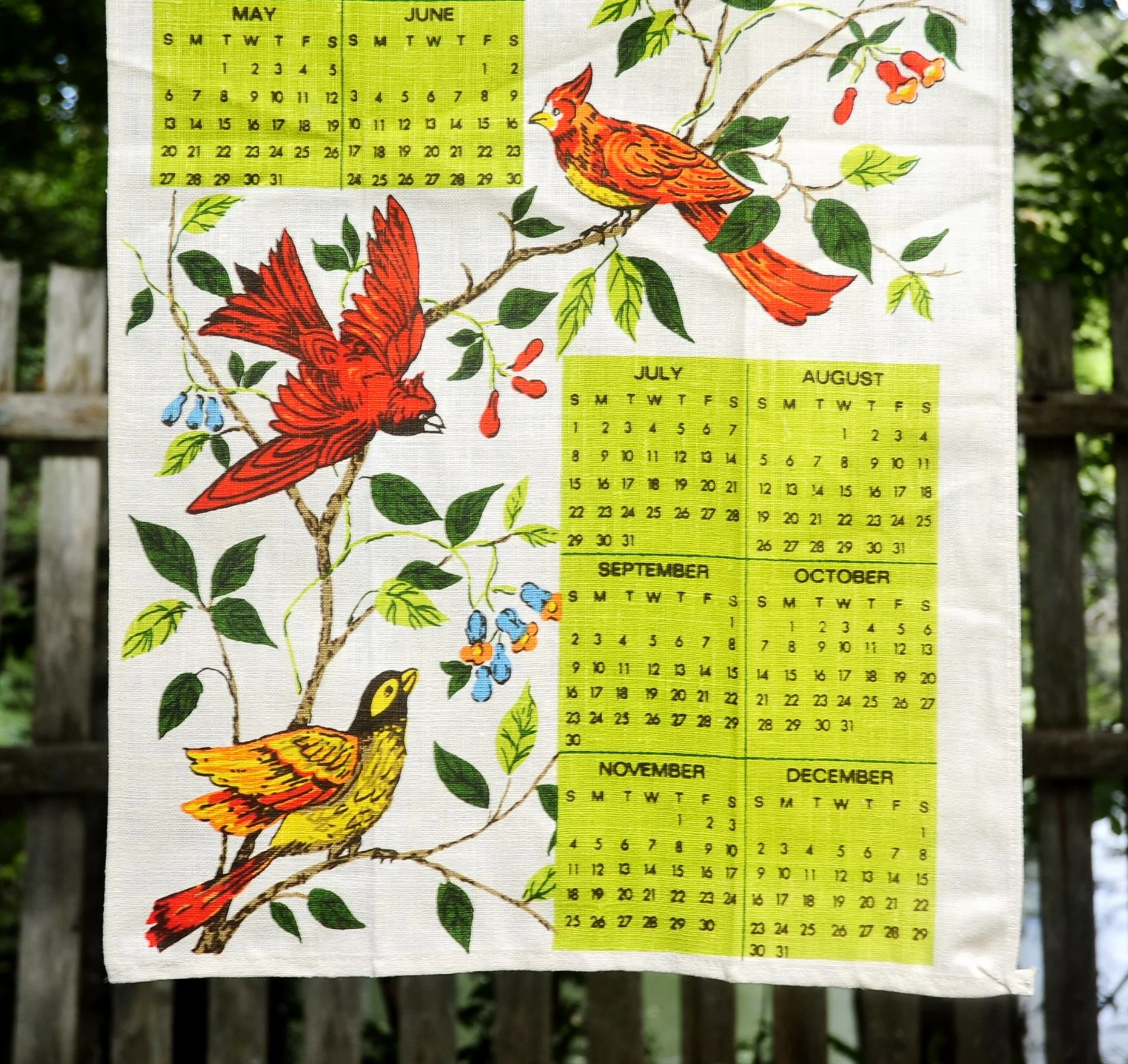 70s Vtg 1979 Garden Birds In Tree Linen Calendar Towel - Image 6
