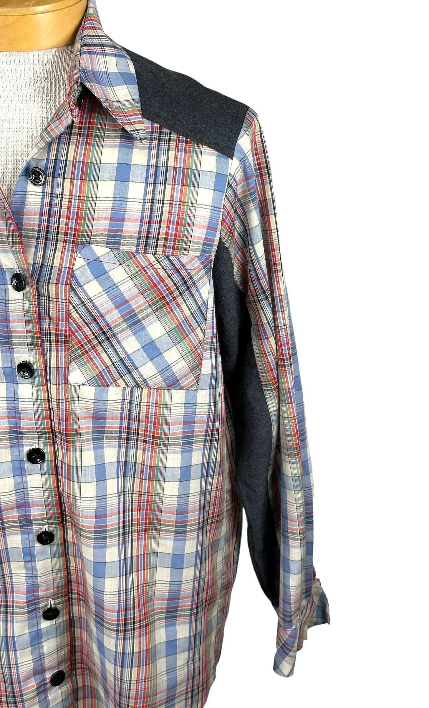 70s Western Cowboy Plaid Shirt Wool Yoke Sleeve Insert - Image 8