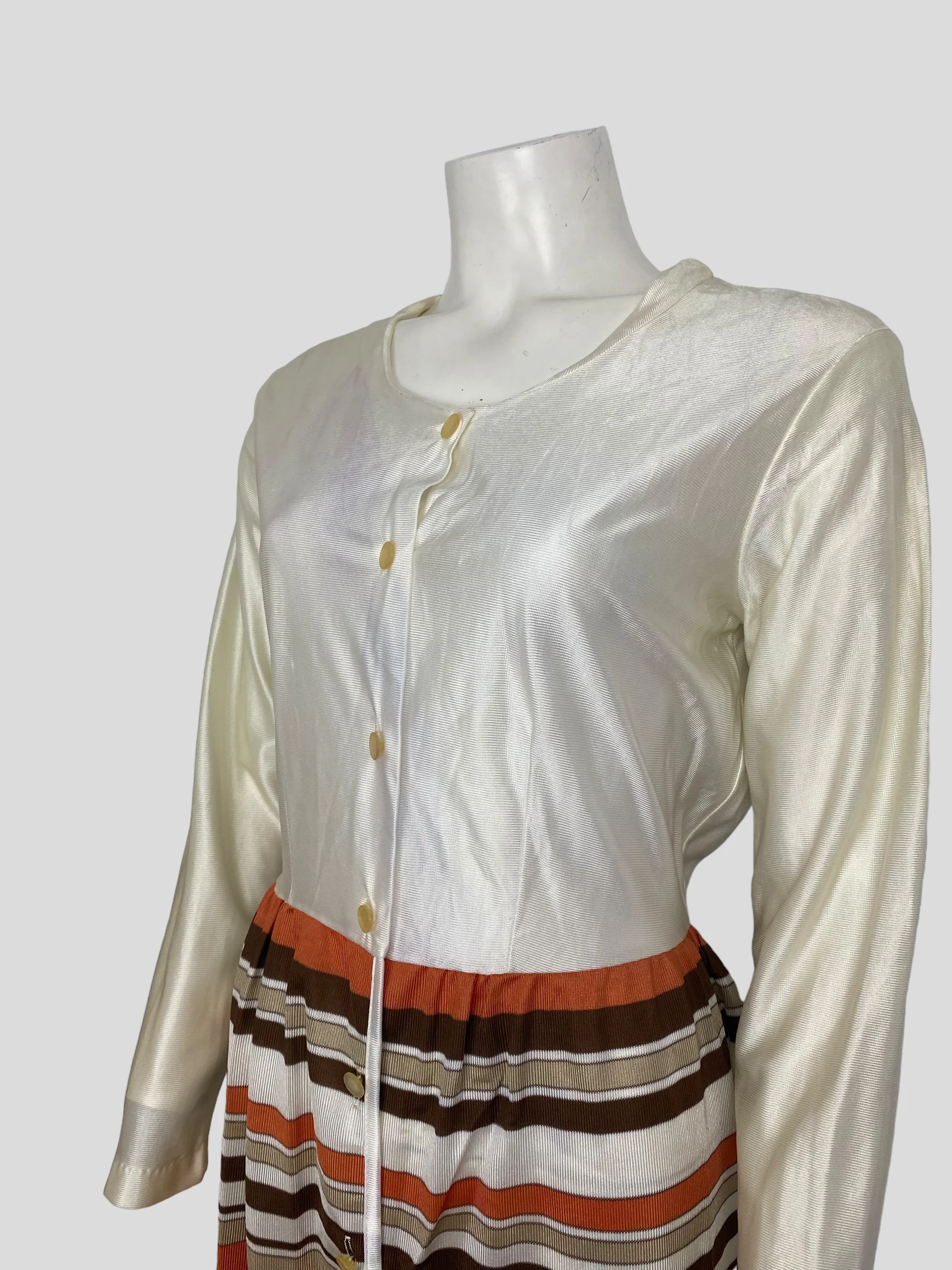 70s White And Brown Earth Tone Striped Dress - Image 3