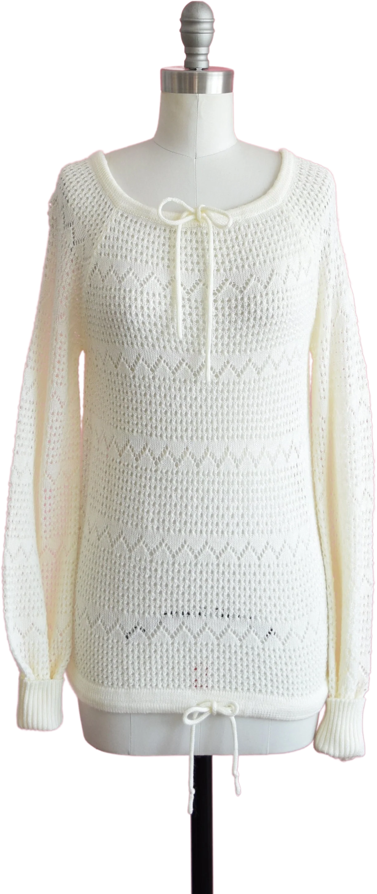70s White Eyelet Sweater Vintage 70s Drawstring Bow Pointelle Sweater, Pullover Knit Top, Small To Medium