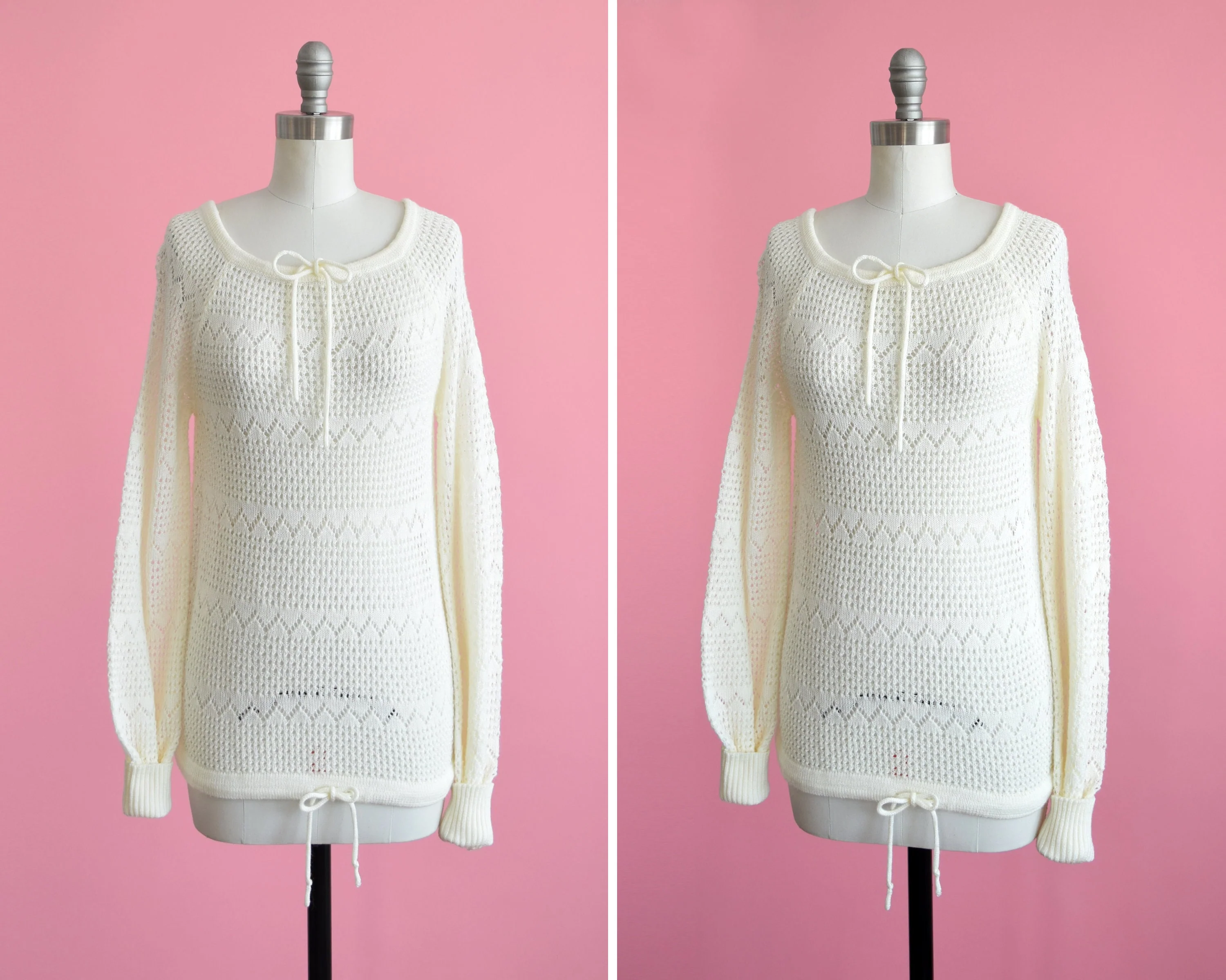 70s White Eyelet Sweater Vintage 70s Drawstring Bow Pointelle Sweater, Pullover Knit Top, Small To Medium - Image 2