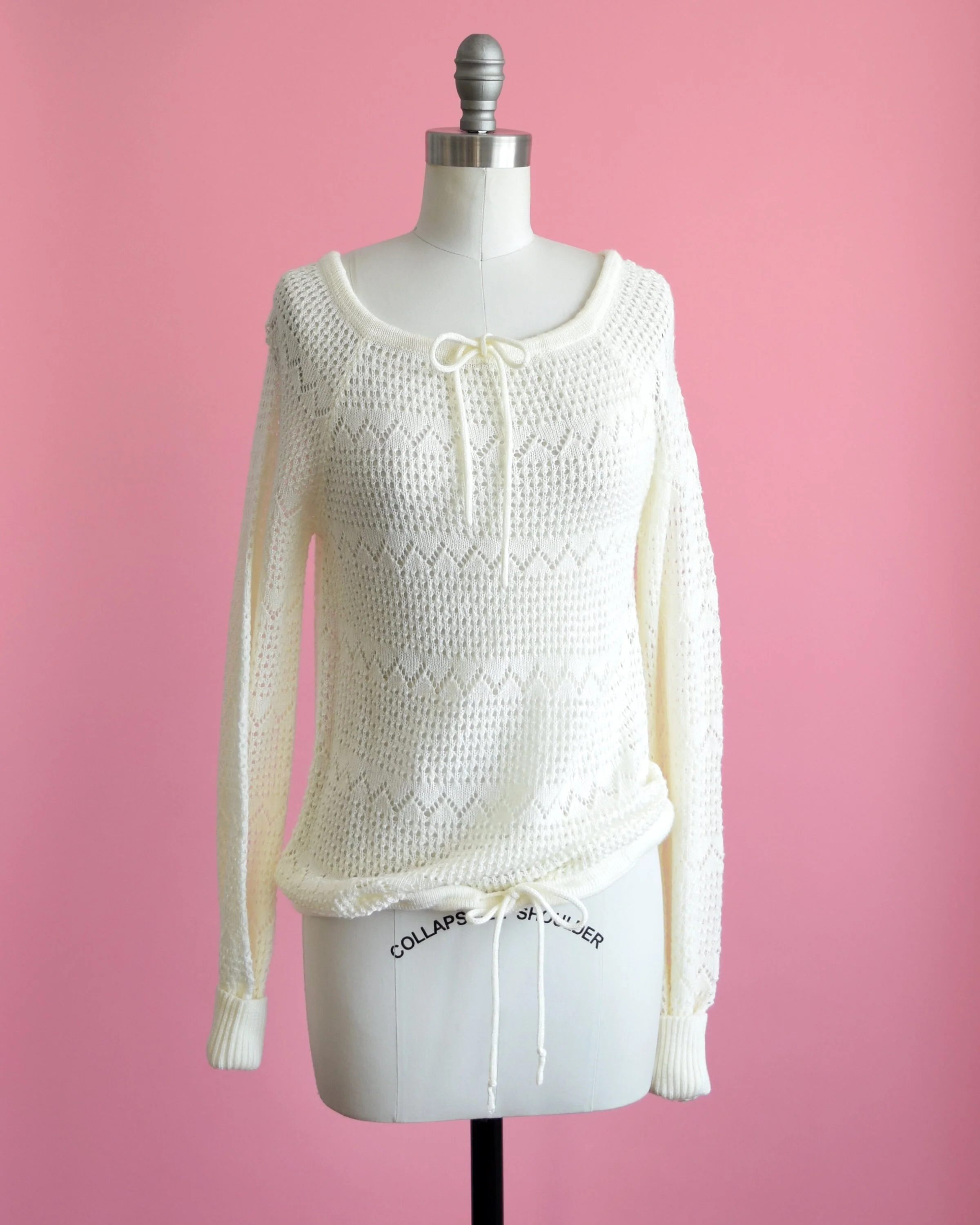 70s White Eyelet Sweater Vintage 70s Drawstring Bow Pointelle Sweater, Pullover Knit Top, Small To Medium - Image 3
