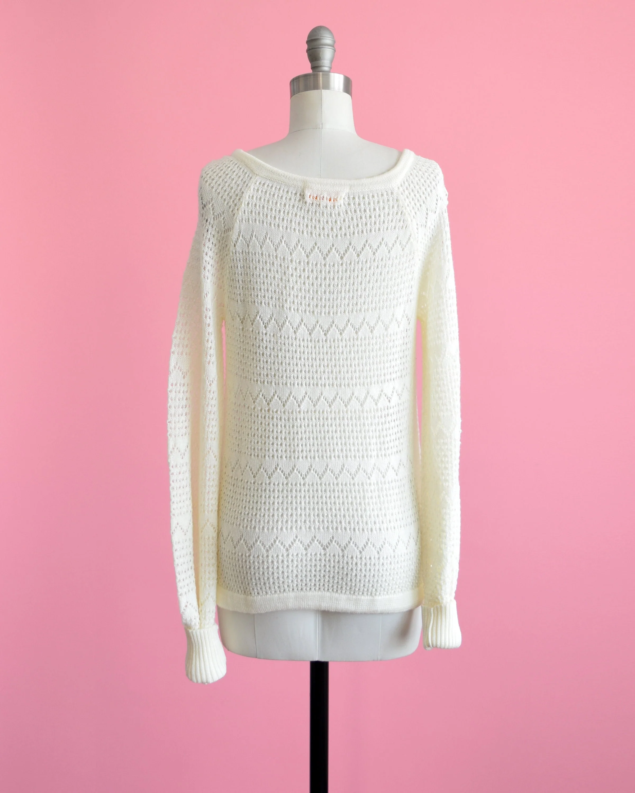 70s White Eyelet Sweater Vintage 70s Drawstring Bow Pointelle Sweater, Pullover Knit Top, Small To Medium - Image 5
