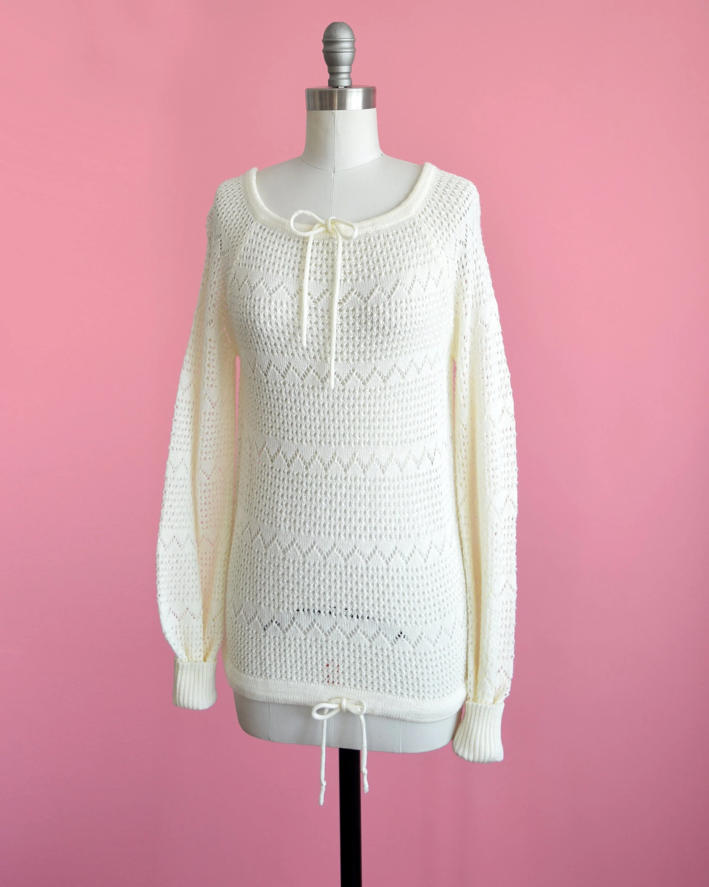70s White Eyelet Sweater Vintage 70s Drawstring Bow Pointelle Sweater, Pullover Knit Top, Small To Medium - Image 6