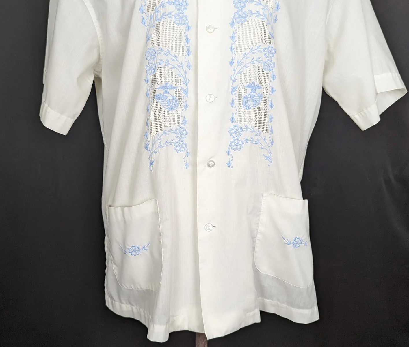 70s White Light Blue Floral Embroidered Shirt By Pearl of The Orient - Image 4