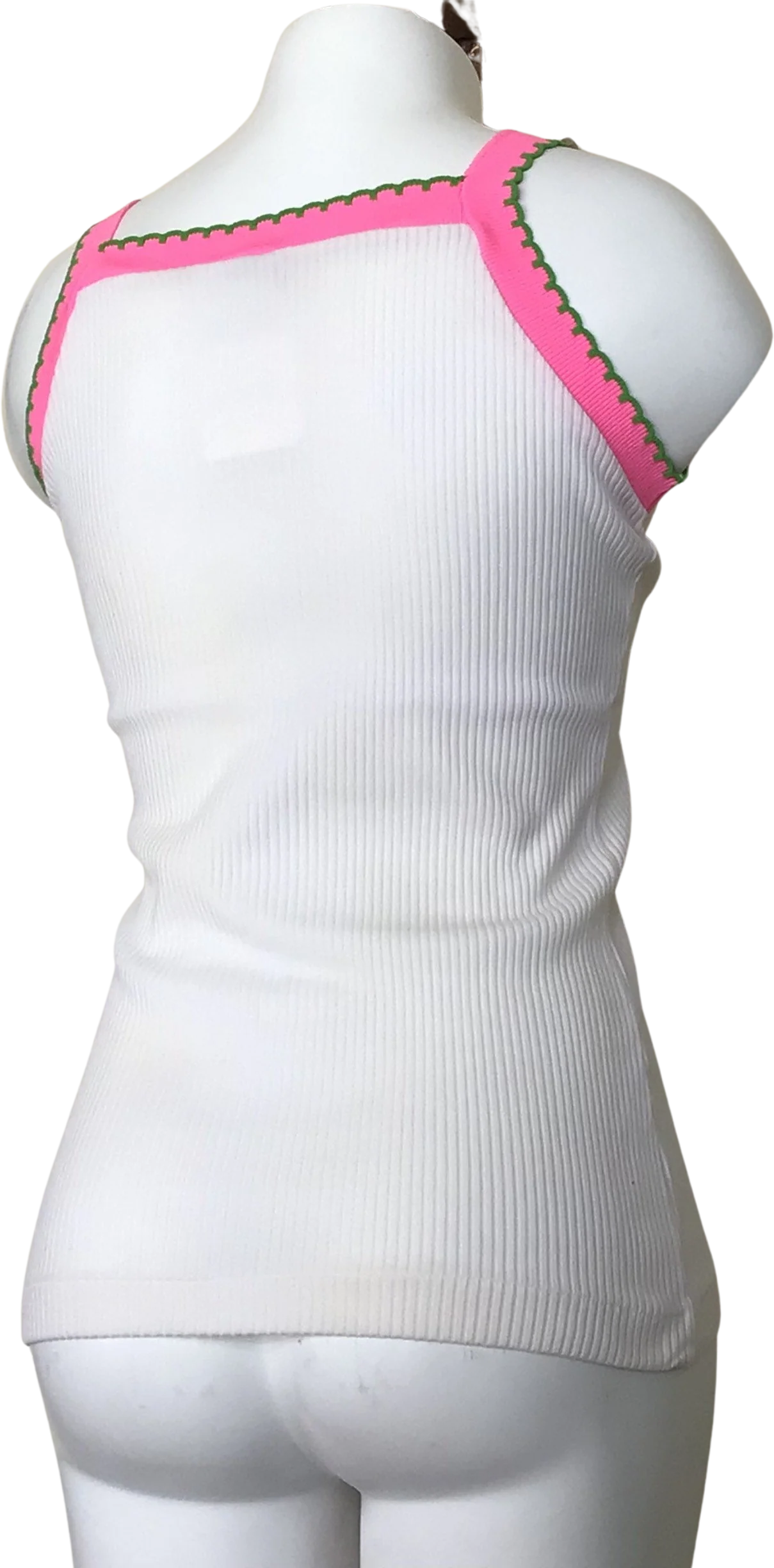 70s White Ribbed Tank Top With Pink Green Accents - Image 2