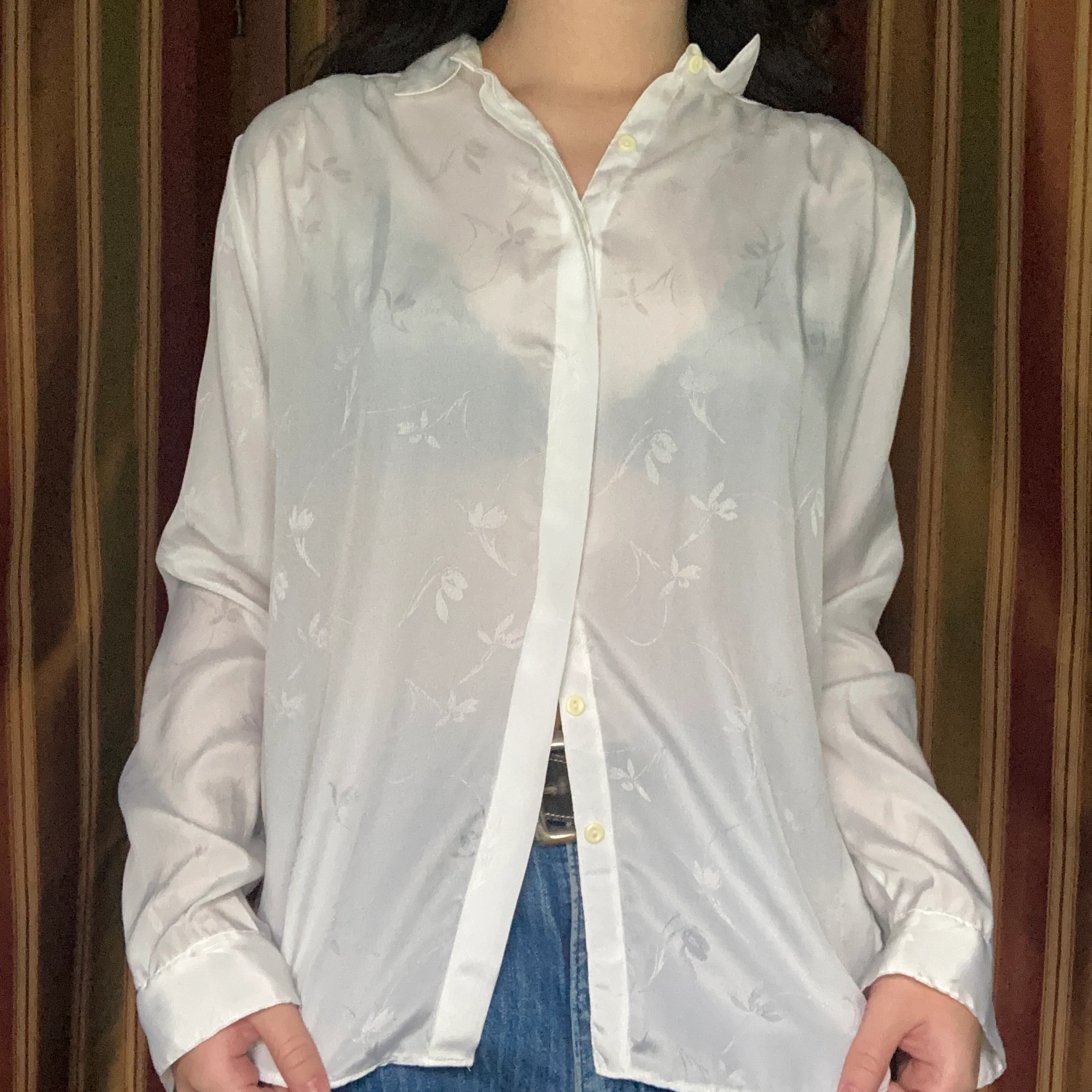 70s White Sheer Floral Jacquard Collar Button Up Shirt By Campus Casual - Image 3