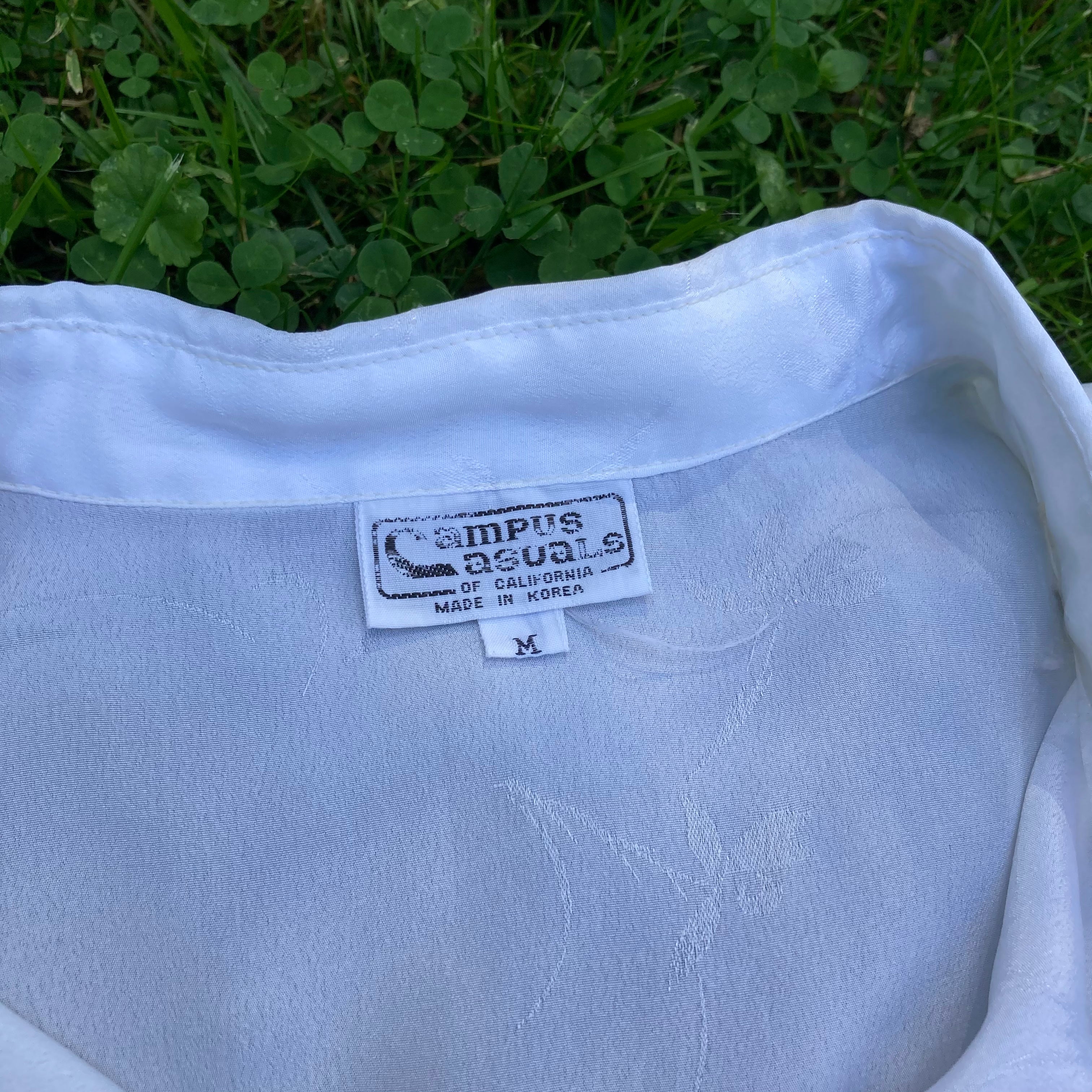 70s White Sheer Floral Jacquard Collar Button Up Shirt By Campus Casual - Image 4