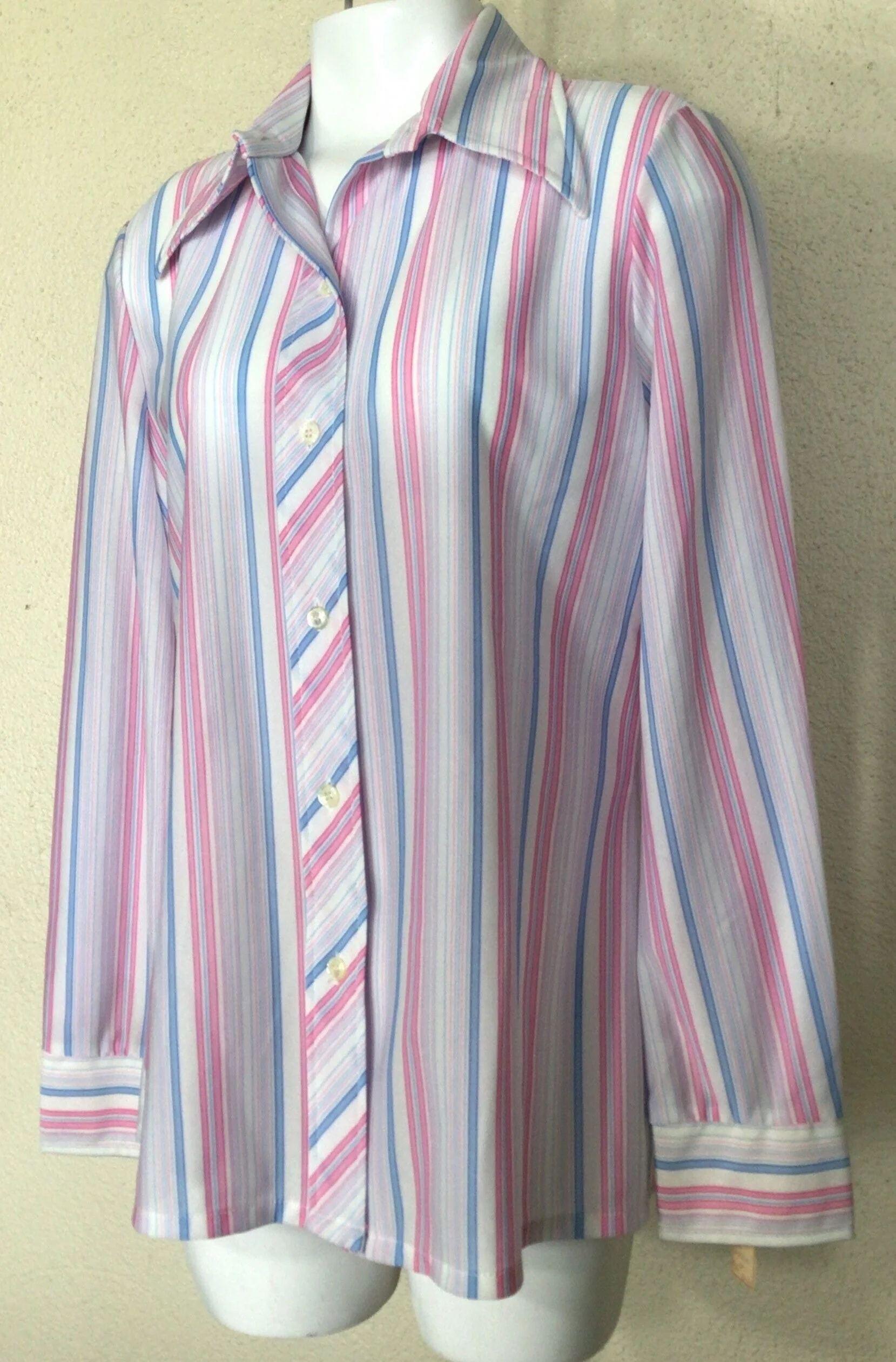 70s White Striped Button Up Long Sleeve Blouse Top By Bodin Knits - Image 9