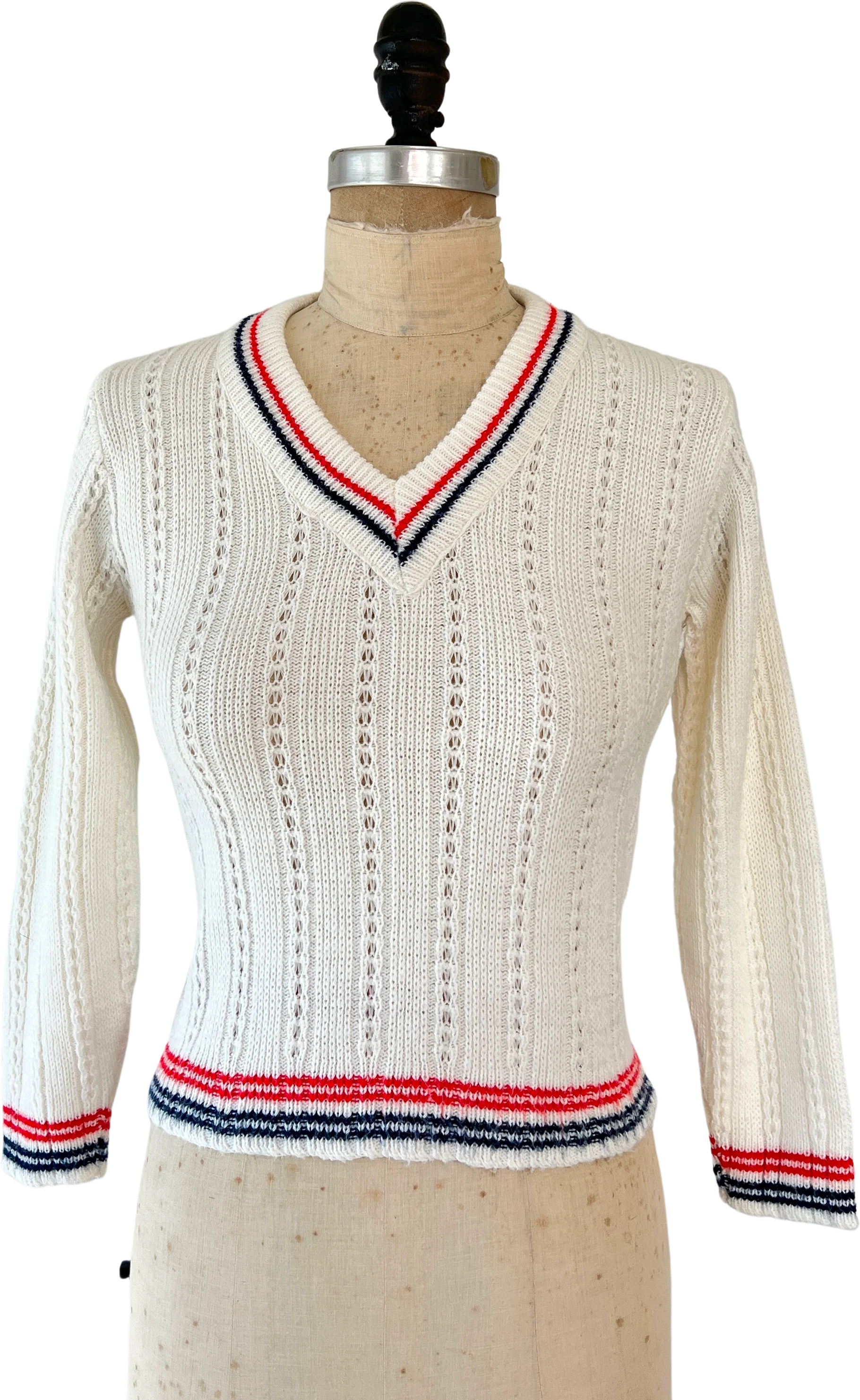 70s White V-neck Striped Sweater