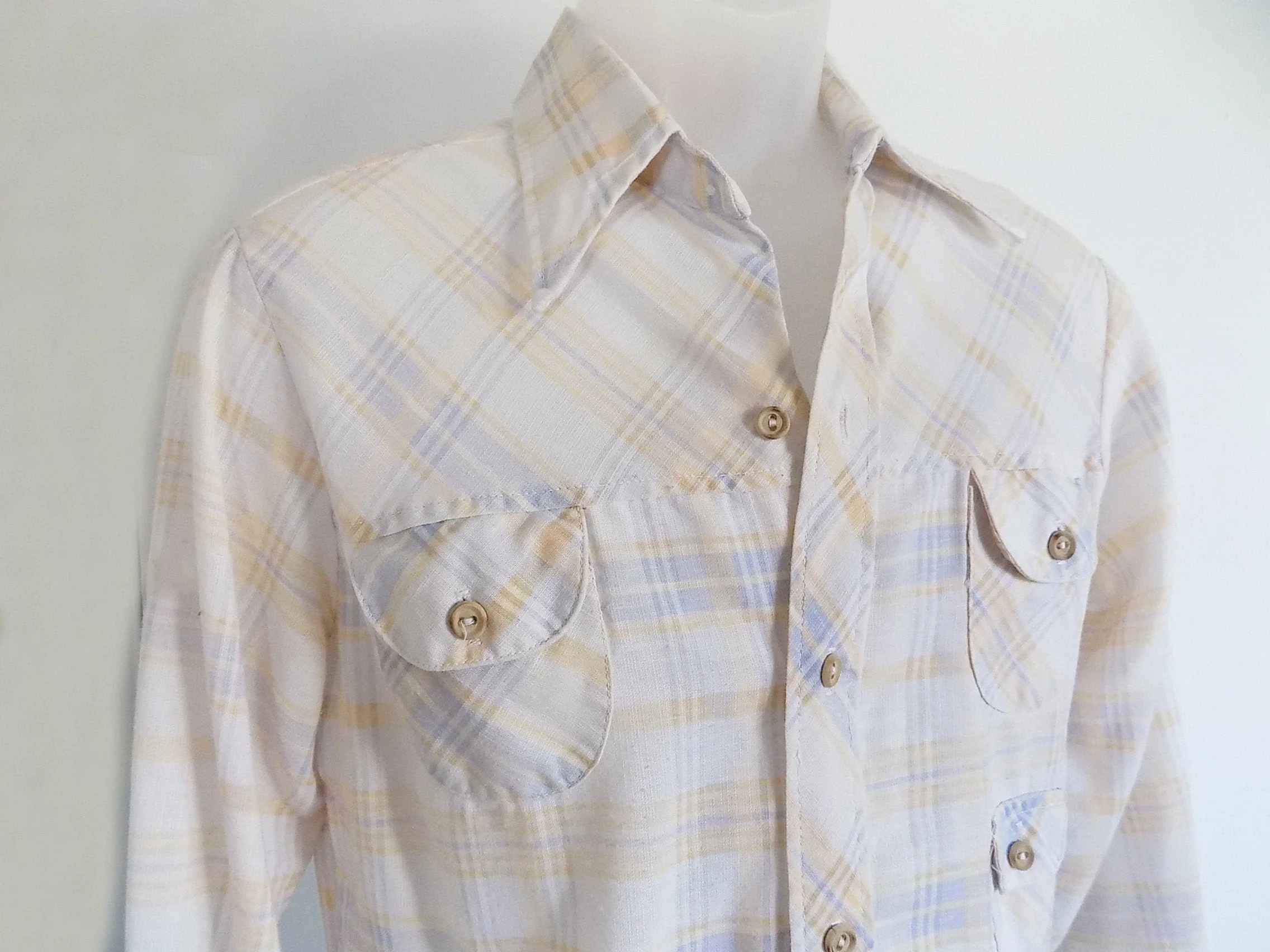 70s Wide Collar Mans Long Sleeved Disco Shirt by Alfie Wooden Buttons Three Rounded Breast Pockets Summer Weight Fabric Plaid by Alfie - Image 2
