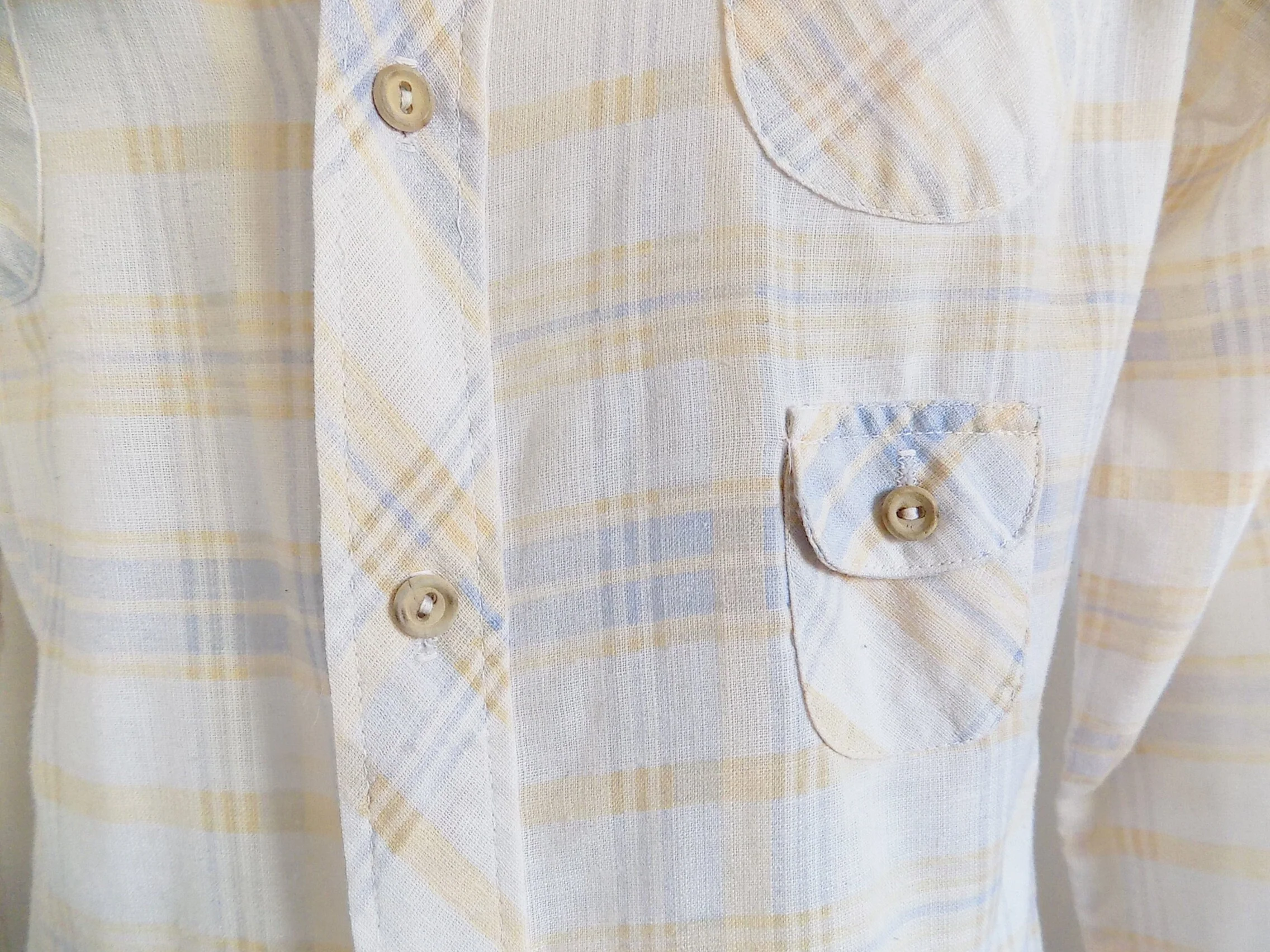 70s Wide Collar Mans Long Sleeved Disco Shirt by Alfie Wooden Buttons Three Rounded Breast Pockets Summer Weight Fabric Plaid by Alfie - Image 7