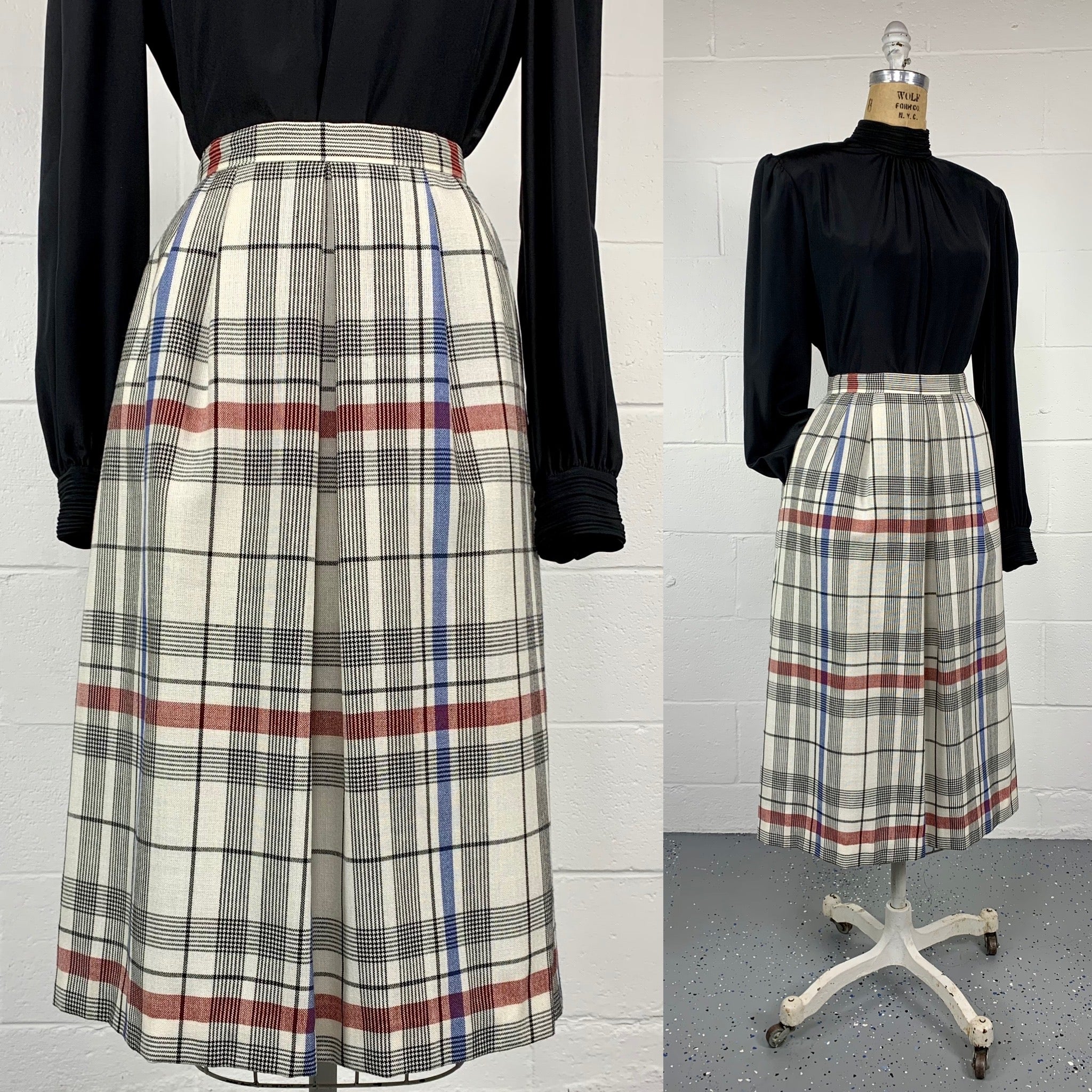 70s Windowpane Plaid A-line Midi Skirt With Pockets - Image 12