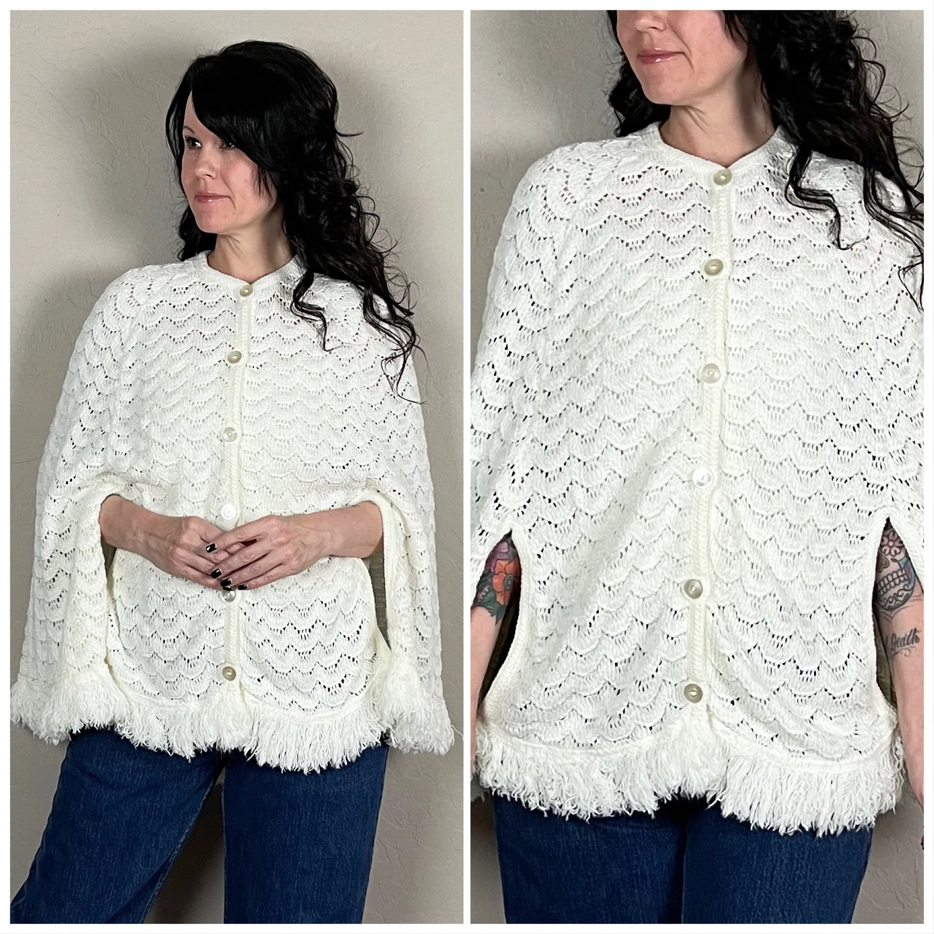 70s Winter White Open Knit Cape Cardigan By Sears - Image 2