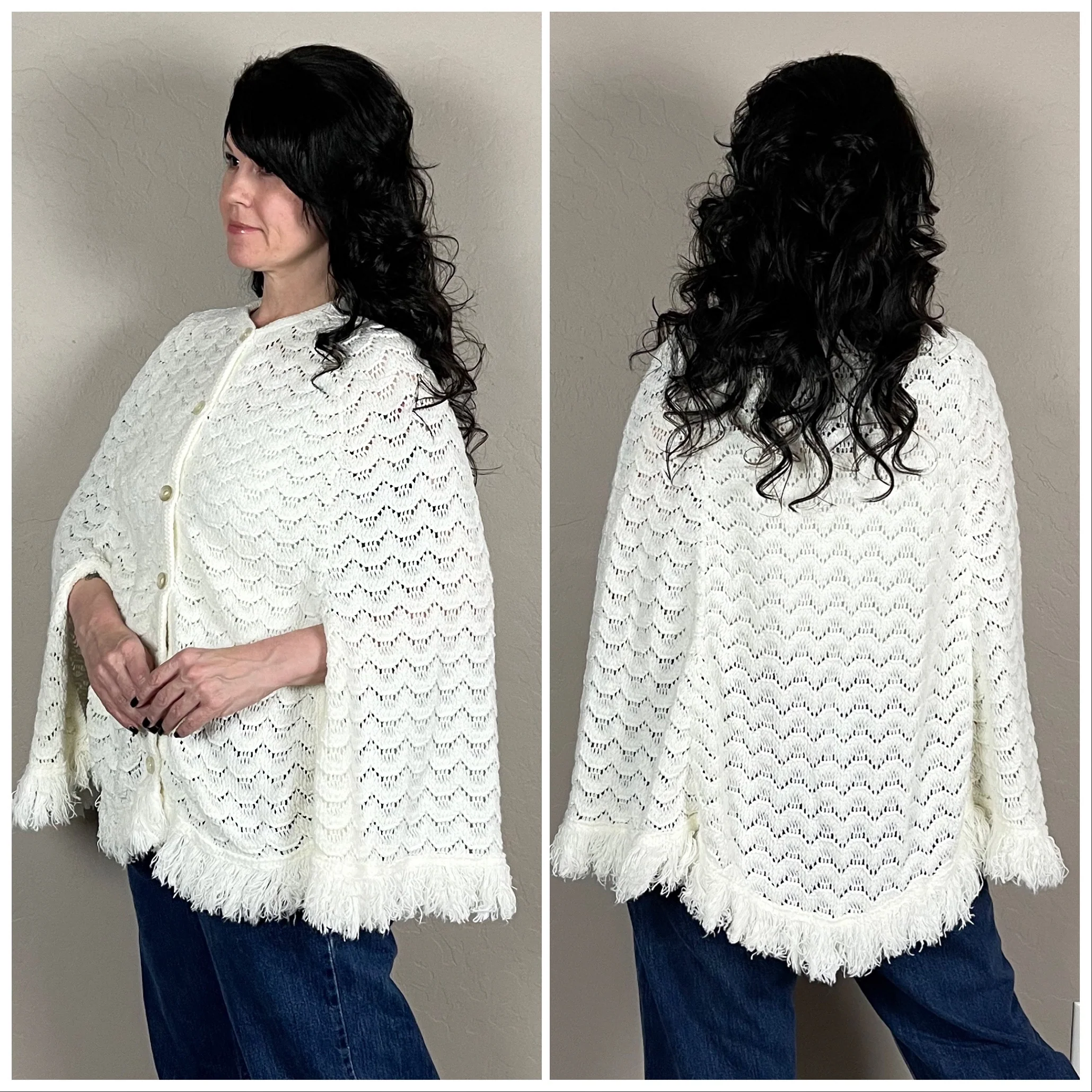 70s Winter White Open Knit Cape Cardigan By Sears - Image 3