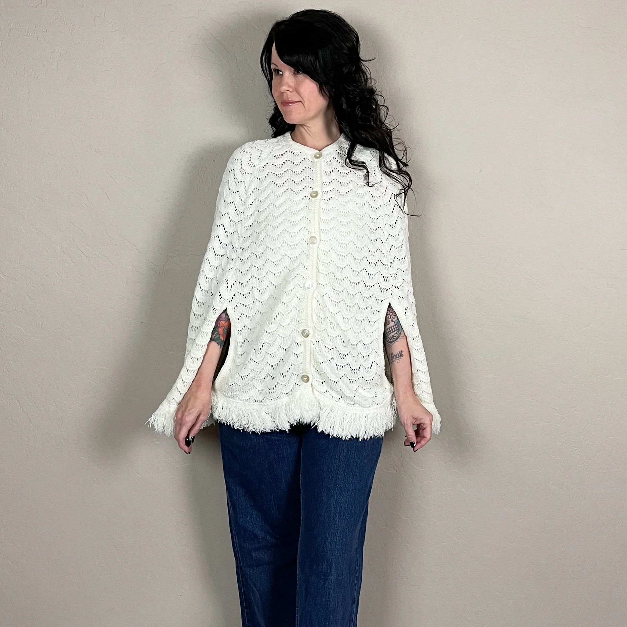 70s Winter White Open Knit Cape Cardigan By Sears - Image 4