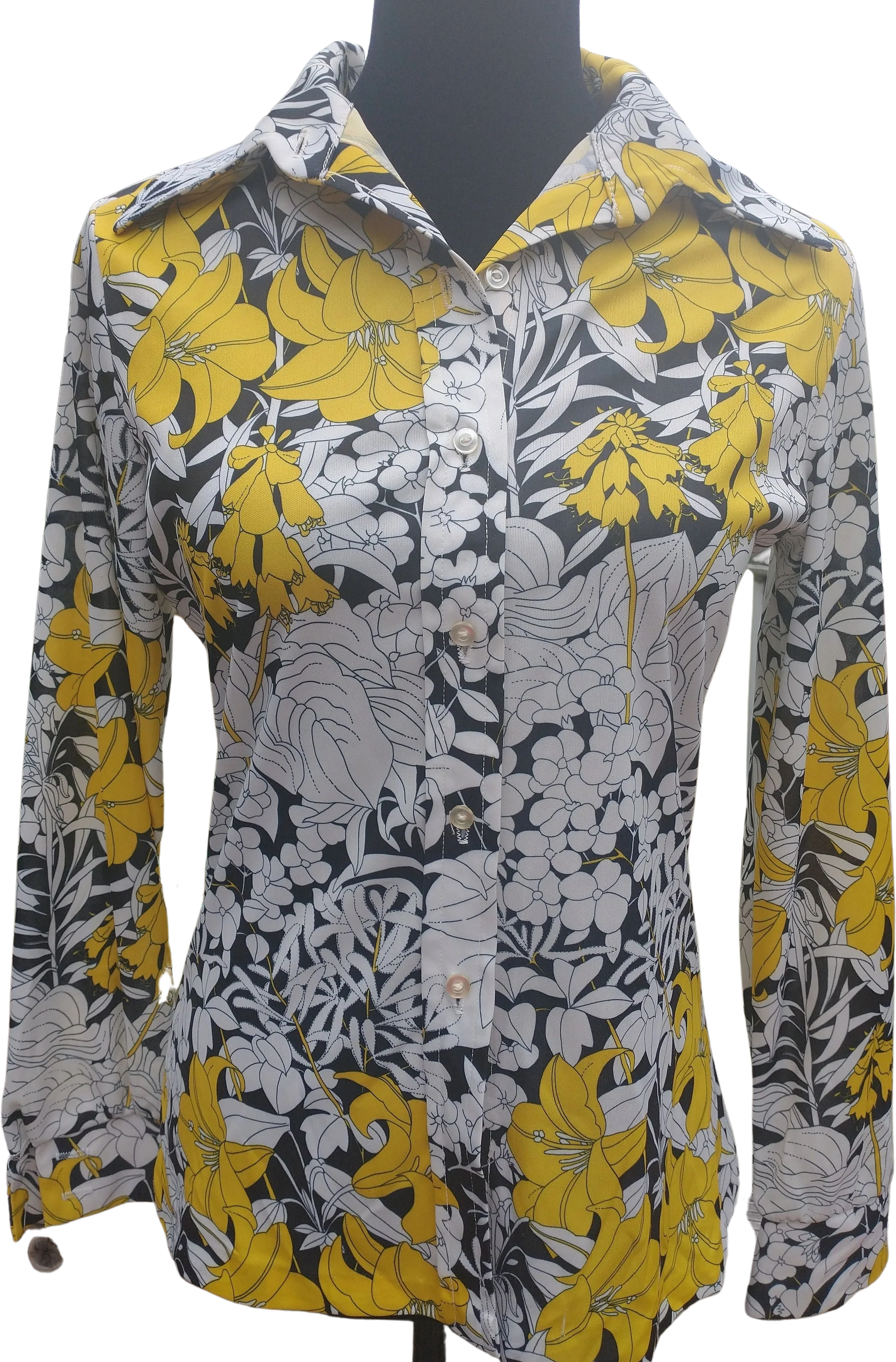 70s Women's Disco Blouse Yellow and Black Floral Large Collar Women's Fit Small To Medium by Jack Winters