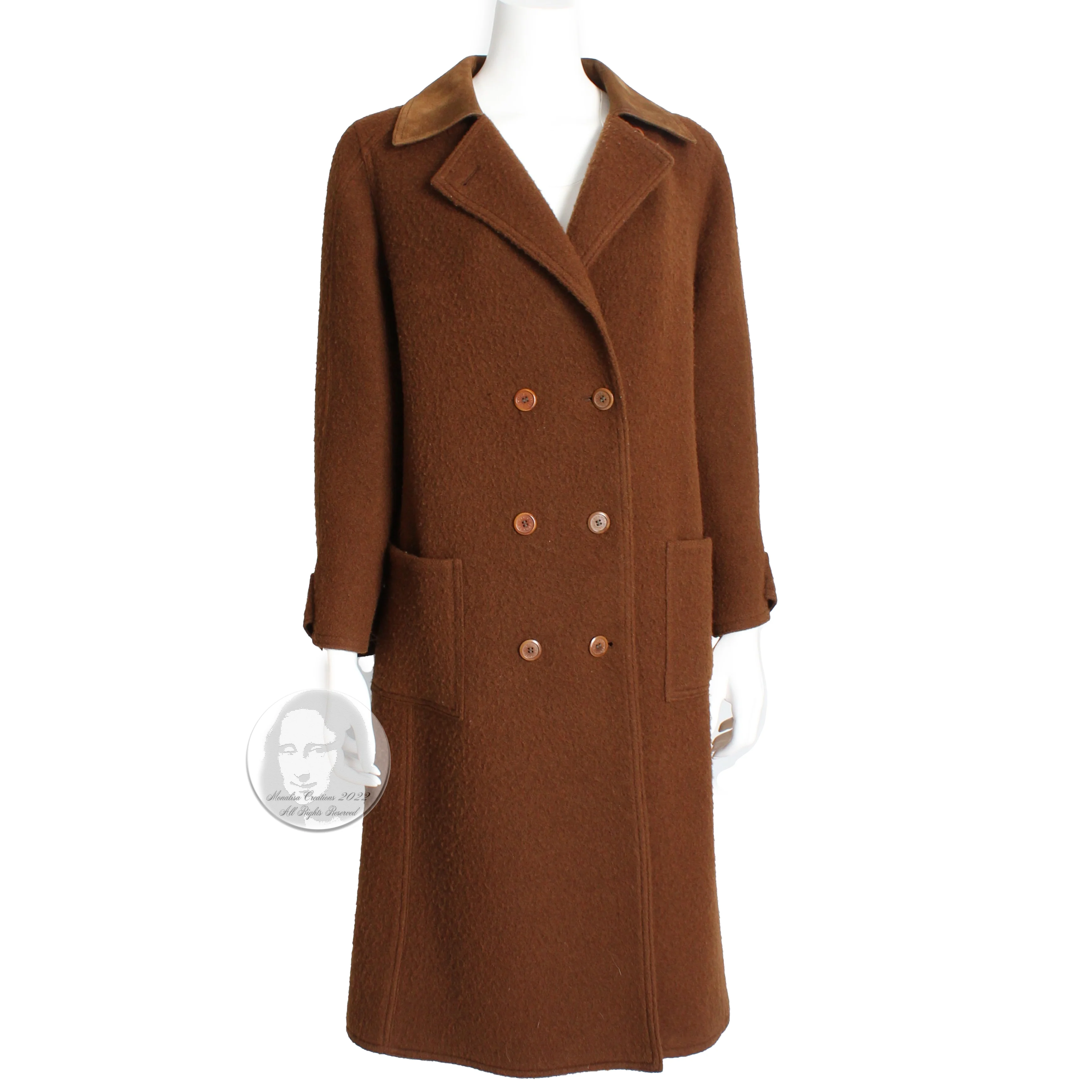70s Wool Coat With Suede Leather Collar Trench Style By Hermes - Image 3
