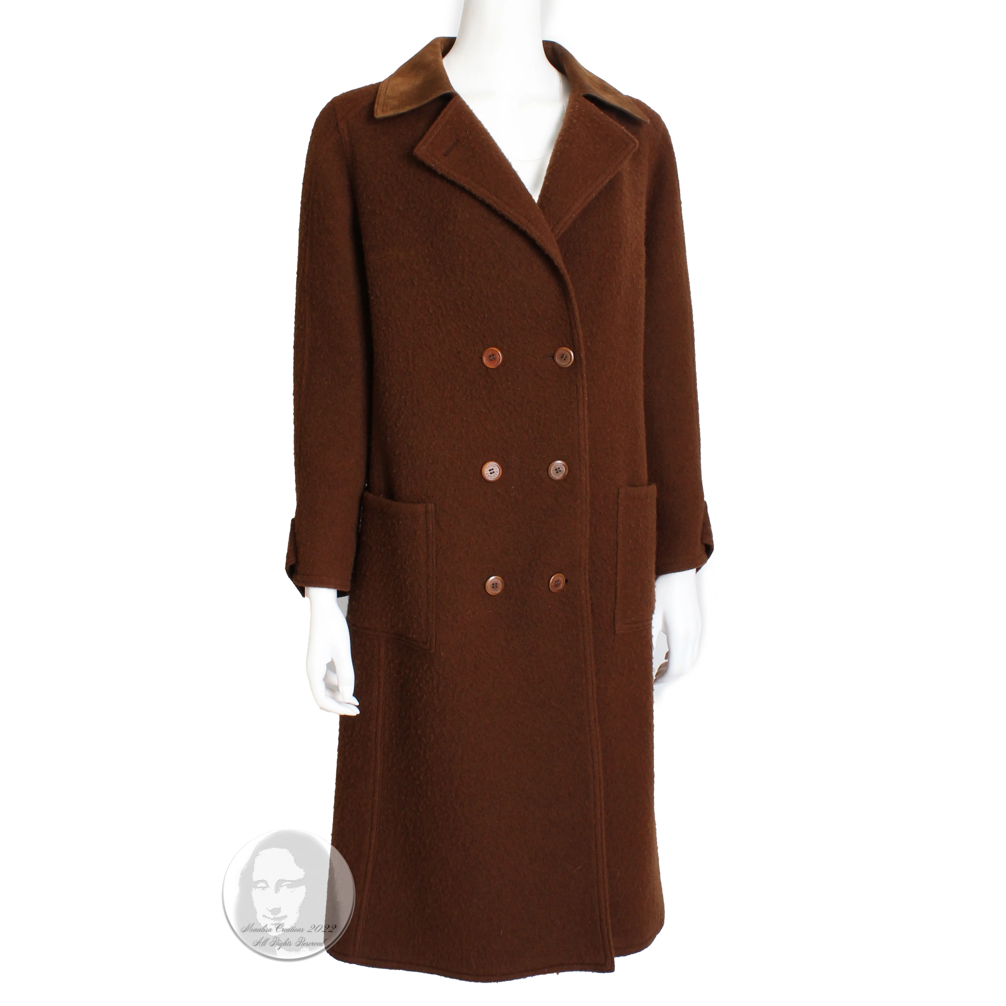 70s Wool Coat With Suede Leather Collar Trench Style By Hermes - Image 4