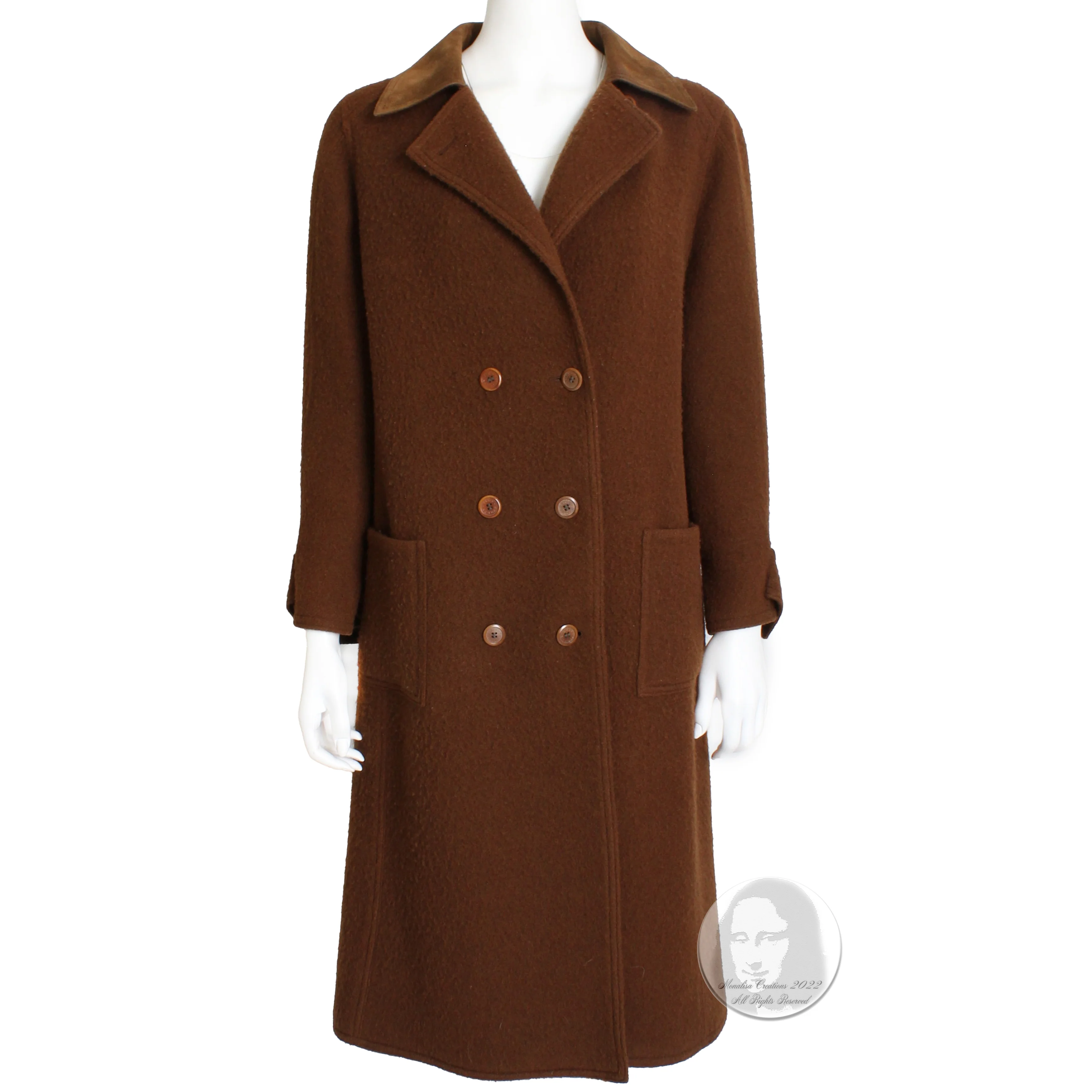 70s Wool Coat With Suede Leather Collar Trench Style By Hermes - Image 5